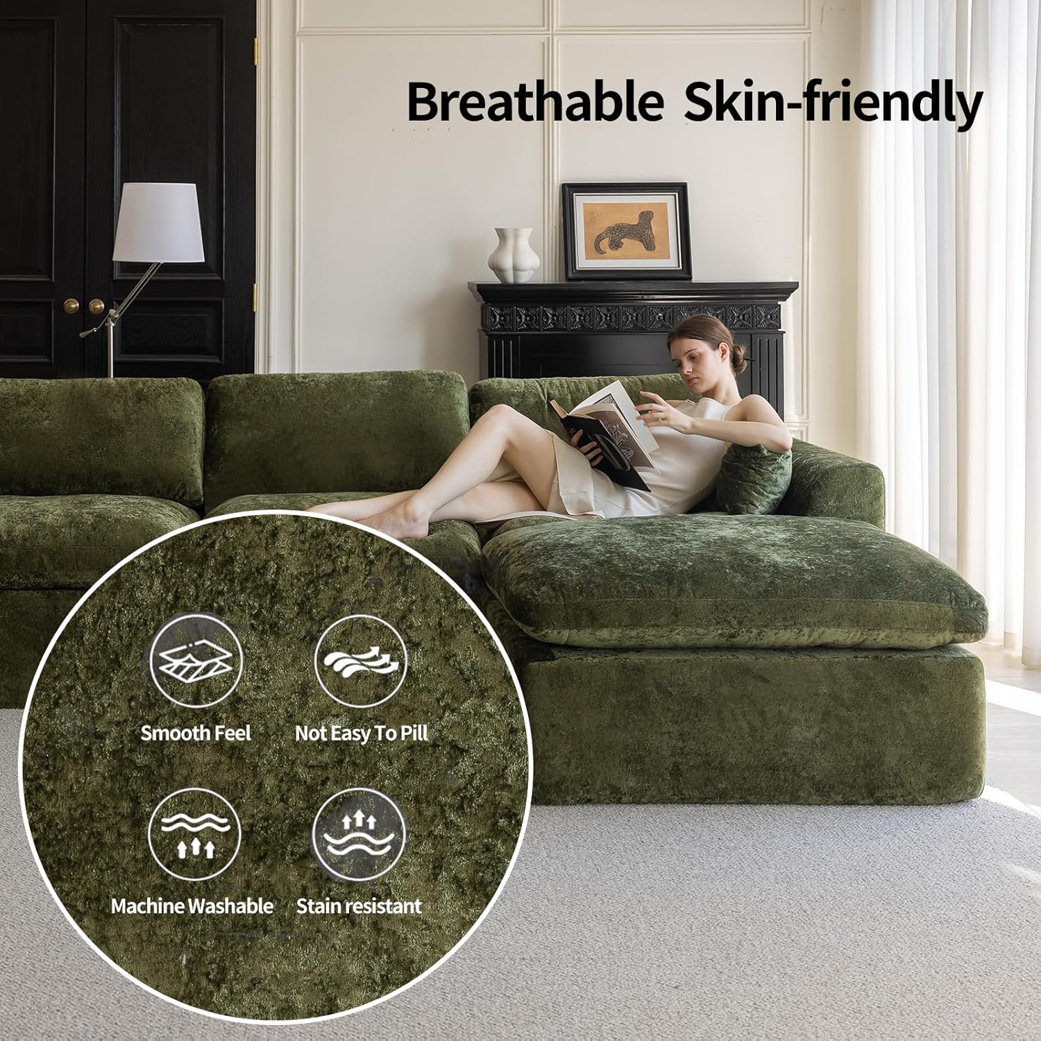 115'' Cloud Sectional Couches for Living Room, Modern L-Shape Boneless Sofa, Oversized Convertible 3 Seater Modular Couches, Forest Green