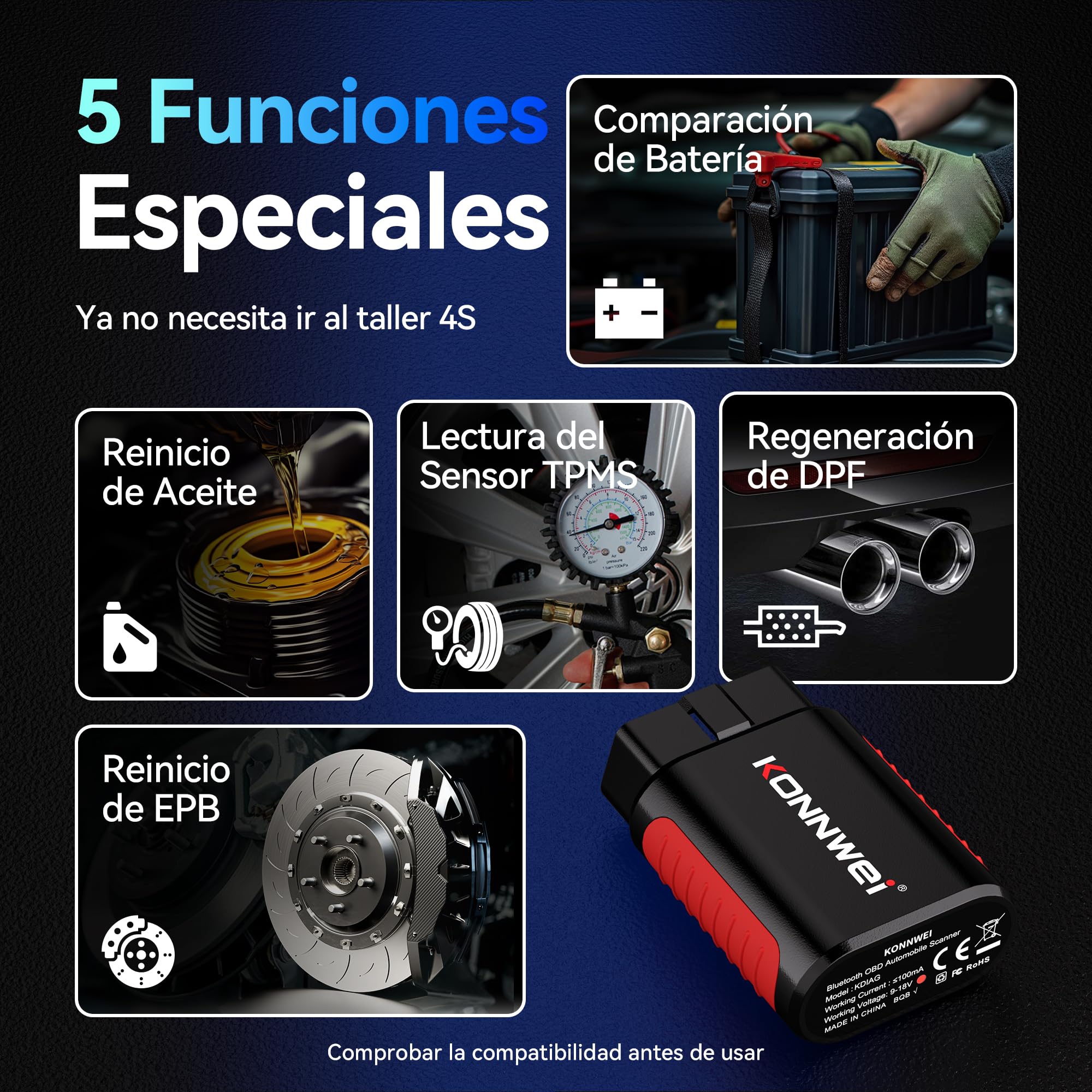 KONNWEI KDIAG - Escáner OBD2 Bluetooth, herramienta de diagnóstico para todo el sistema, 5 reinicios, comprobación del lector de código del coche, prueba de rendimiento del vehículo para iOS y Android
