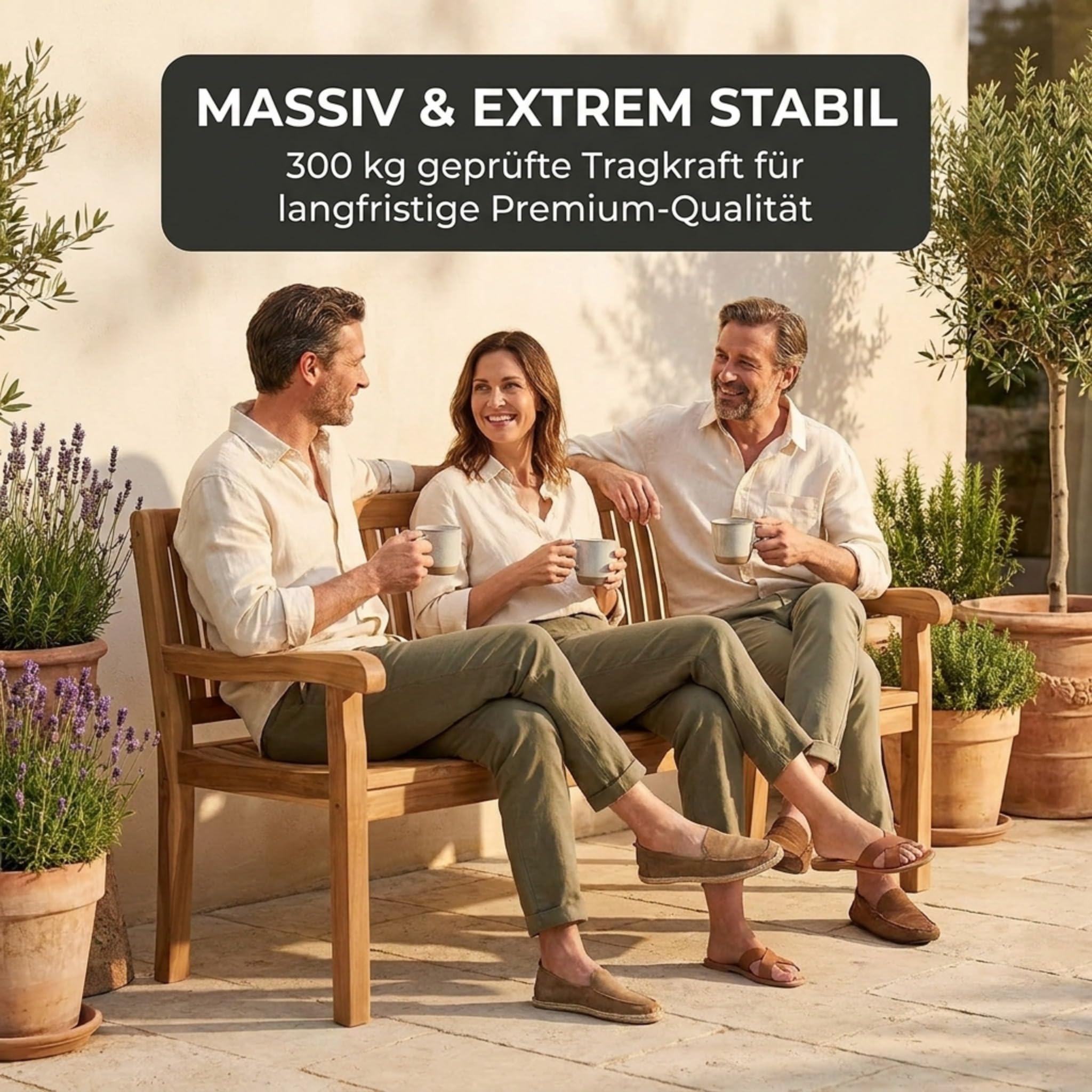SAM Premium Gartenbank Kingsbury 3-Sitzer 150 cm, Gartenbank aus Teakholz massiv mit ergonomischer Sitzfläche und Armlehnen, wetterfeste Holzbank für Garten Terrasse Balkon, Sitzbank lackiert