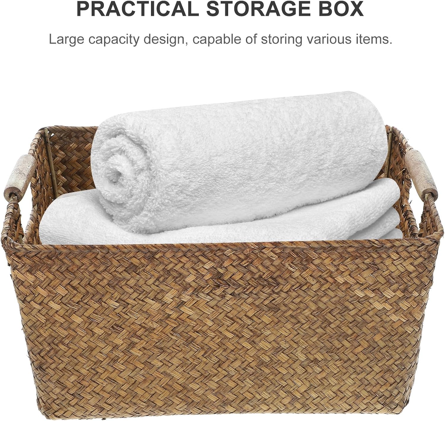 Toyvian Woven Seagrass Basket with Wooden Handle, Medium 34x25x17cm Rectangular Storage Organizer for Desktop Sundries, Makeup, and Home Storage