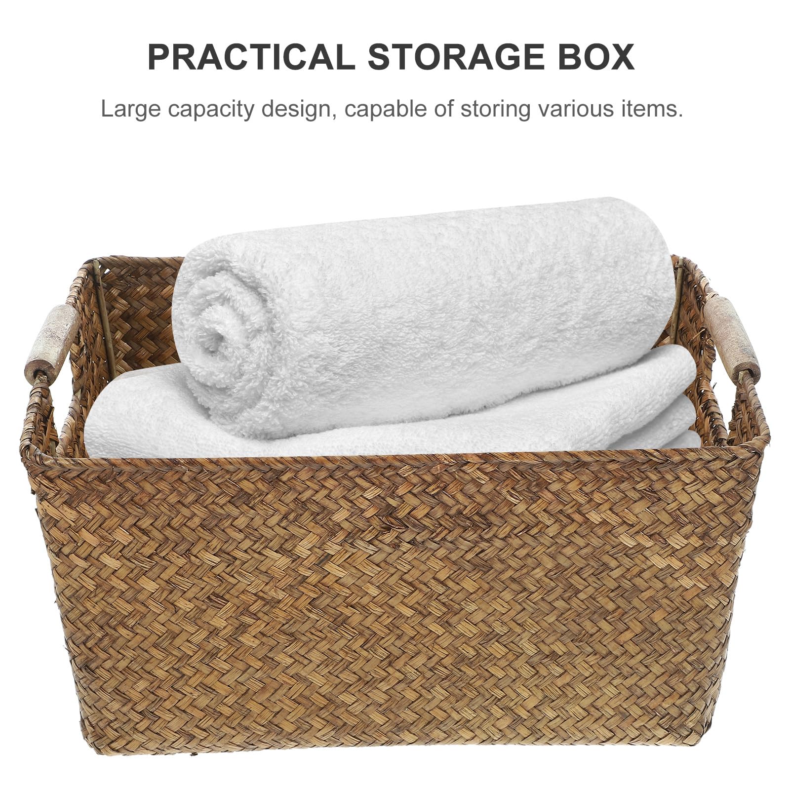 Cestino Rattan in Alga Marina e Legno, Rettangolare, Leggero, per Organizer Bagno e Casa, Cestino Portaoggetti Multiuso