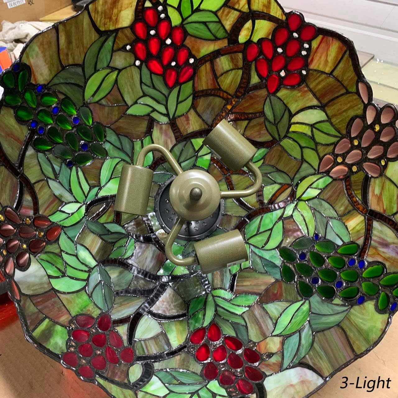 Bieye L10762 Grape Tiffany Style Stained Glass Ceiling Pendant Light with 18 inches Wide Shade, 3-Light, Hard-Wired