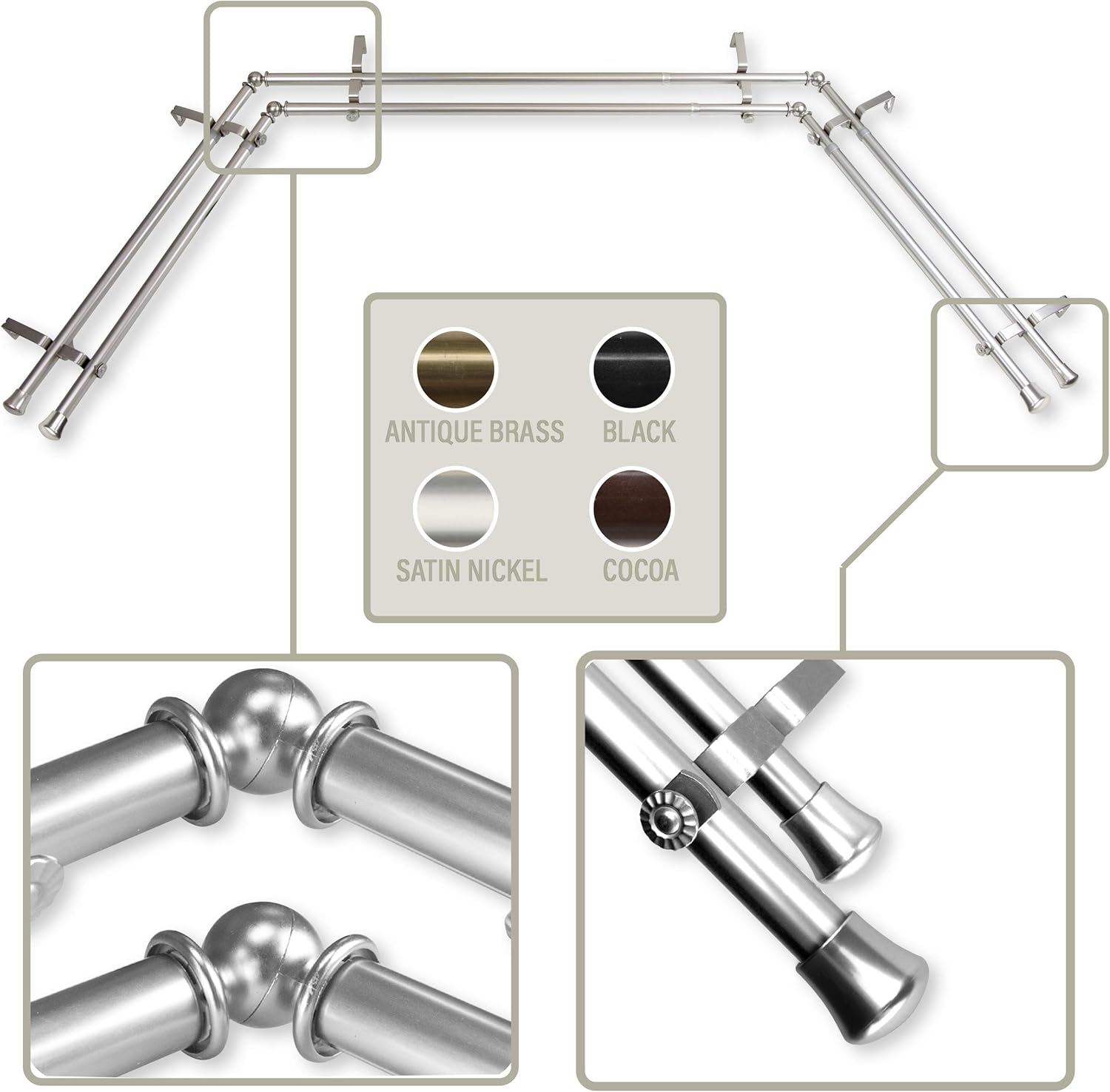 Rod Desyne 13/16" Bay 20"-36", 38"-72"-Satin Nickel Double Curtain Rod Set, 78-144"