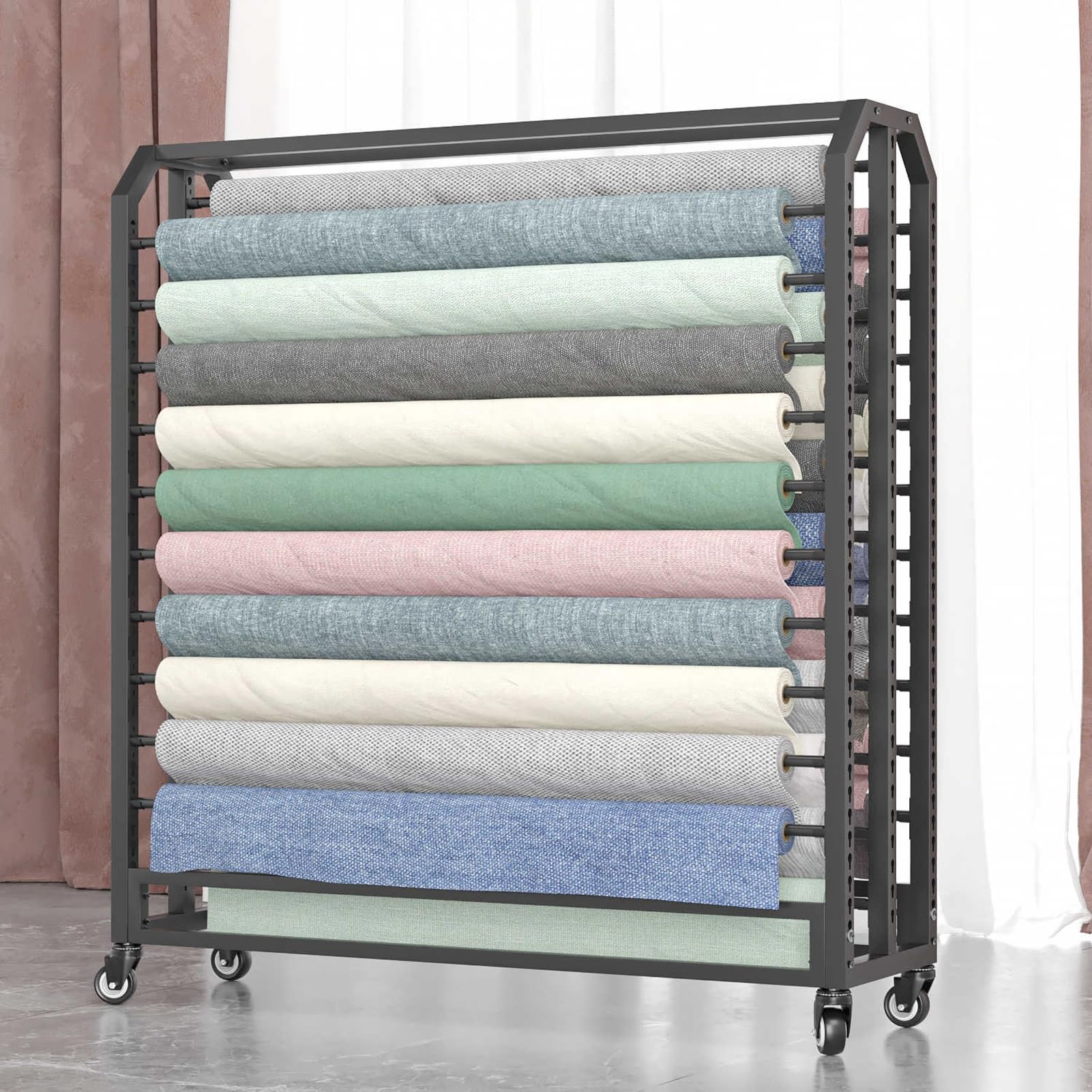 Questo Robusto Carrello espositore per Tessuti con aste Regolabili e Ruote con Freno è Ideale per Rotoli di Vinile, pellicole per la Modifica del Colore dell'auto, tovaglie e imballaggi (27