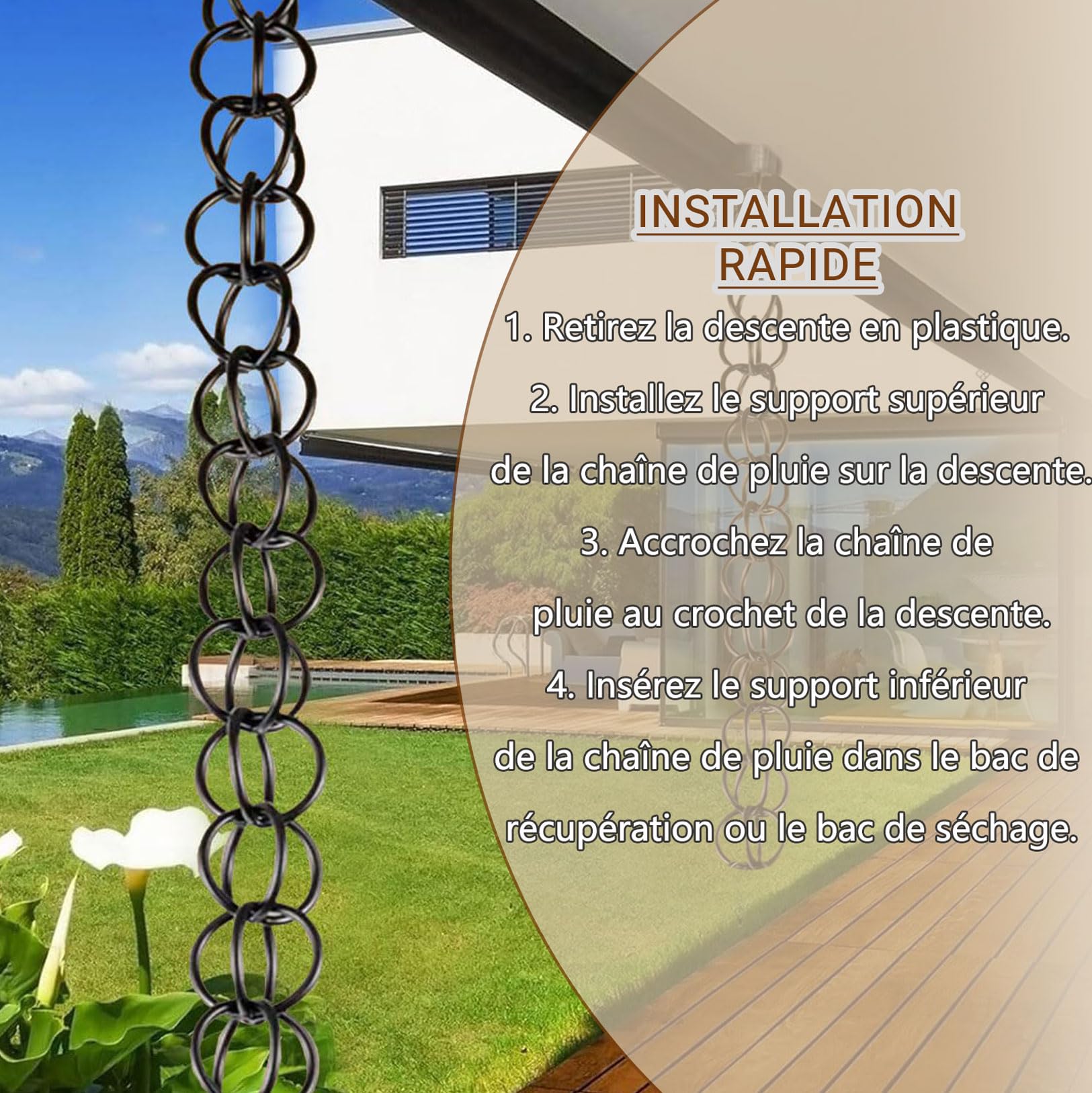 2m Chains de Pluie, Élégante chaîne de Pluie d'extérieur en Alliage d'aluminium, Pratique et élégante, idéale pour diriger l'eau de Pluie et embellir Les Jardins