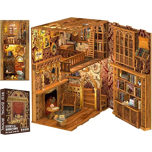 Cutefun DIY Book Nook Kit Birthday Gift for Adults, Teens, Family, DIY Miniature House Booknook Kit Bookshelf Decor 3D Wooden Puzzles for Adults, Tiny Home Model with LED Light (Eternal Bookstore)