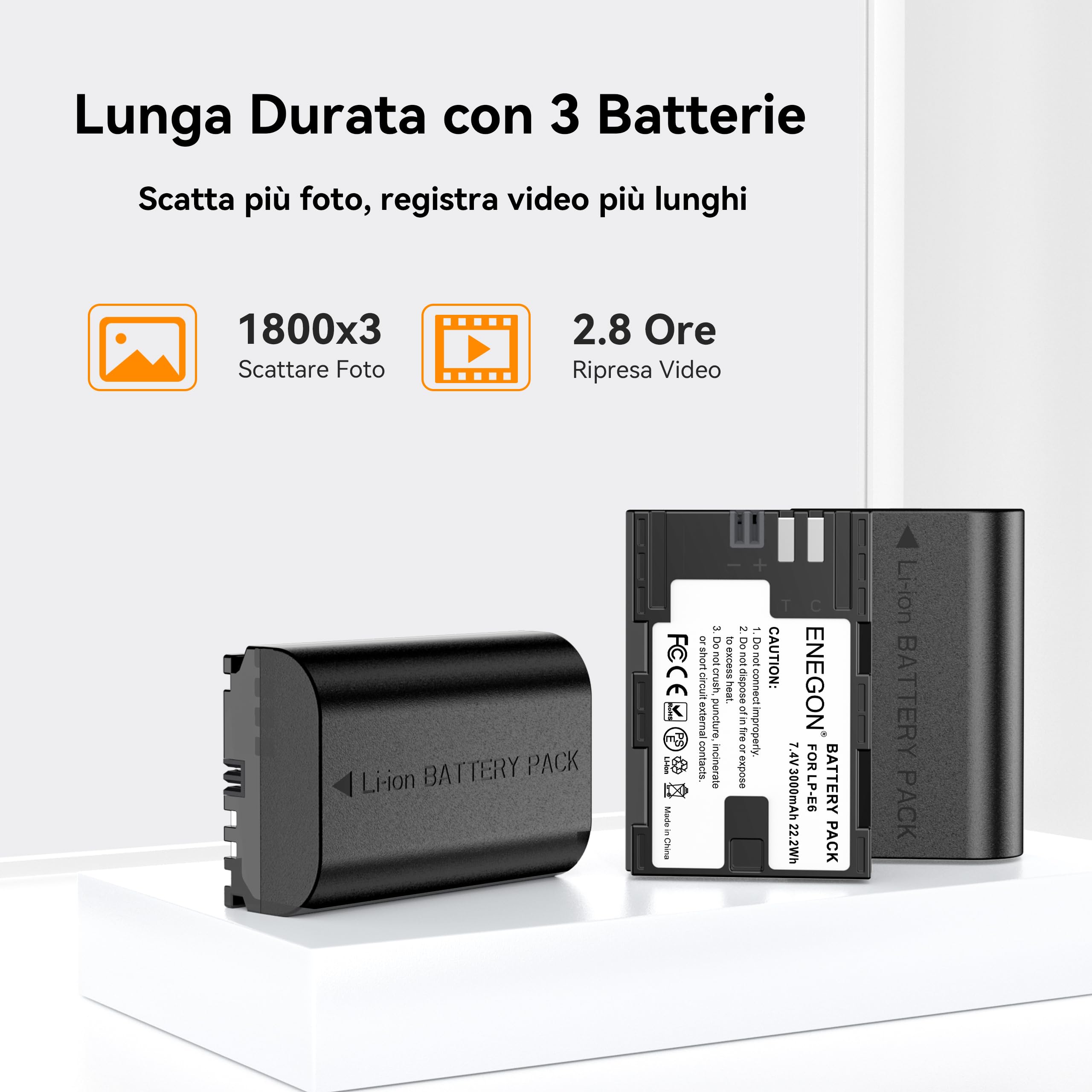 ENEGON Batterie LP-E6 (3×3000mAh) con caricabatterie a 3 slot e display LCD, compatibili con Canon EOS 5D, EOS 5D Mark II,EOS 6D, 7D, 60D, 70D, 80D, 90D, XC10, XC15