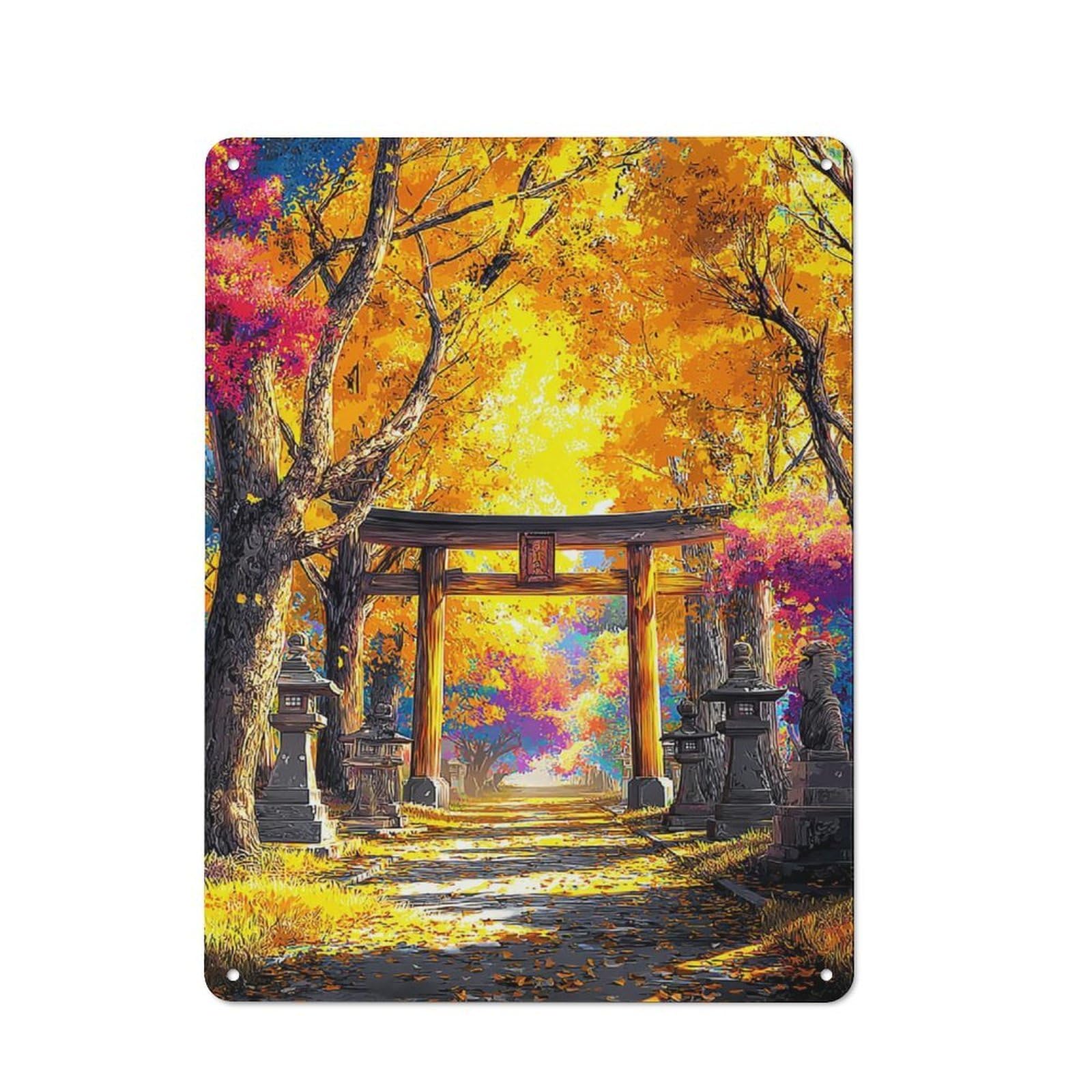 Office Metal Sign with Autumnal Torii Gate Serenity -2 Design 40x30cm, Classic Study Room Decor for Office, Study, Studio Or Hallway