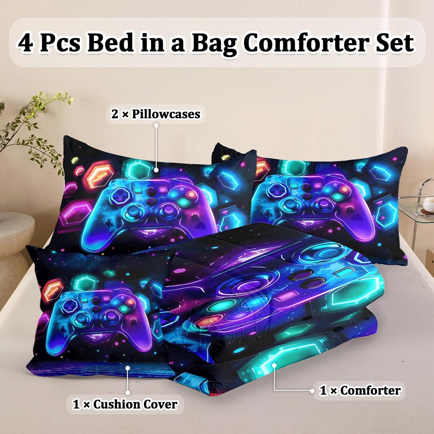 4 Pcs Full Gamer Bedding Sets for Boys, Gaming Full Comforter Set for Boys Beeding Set