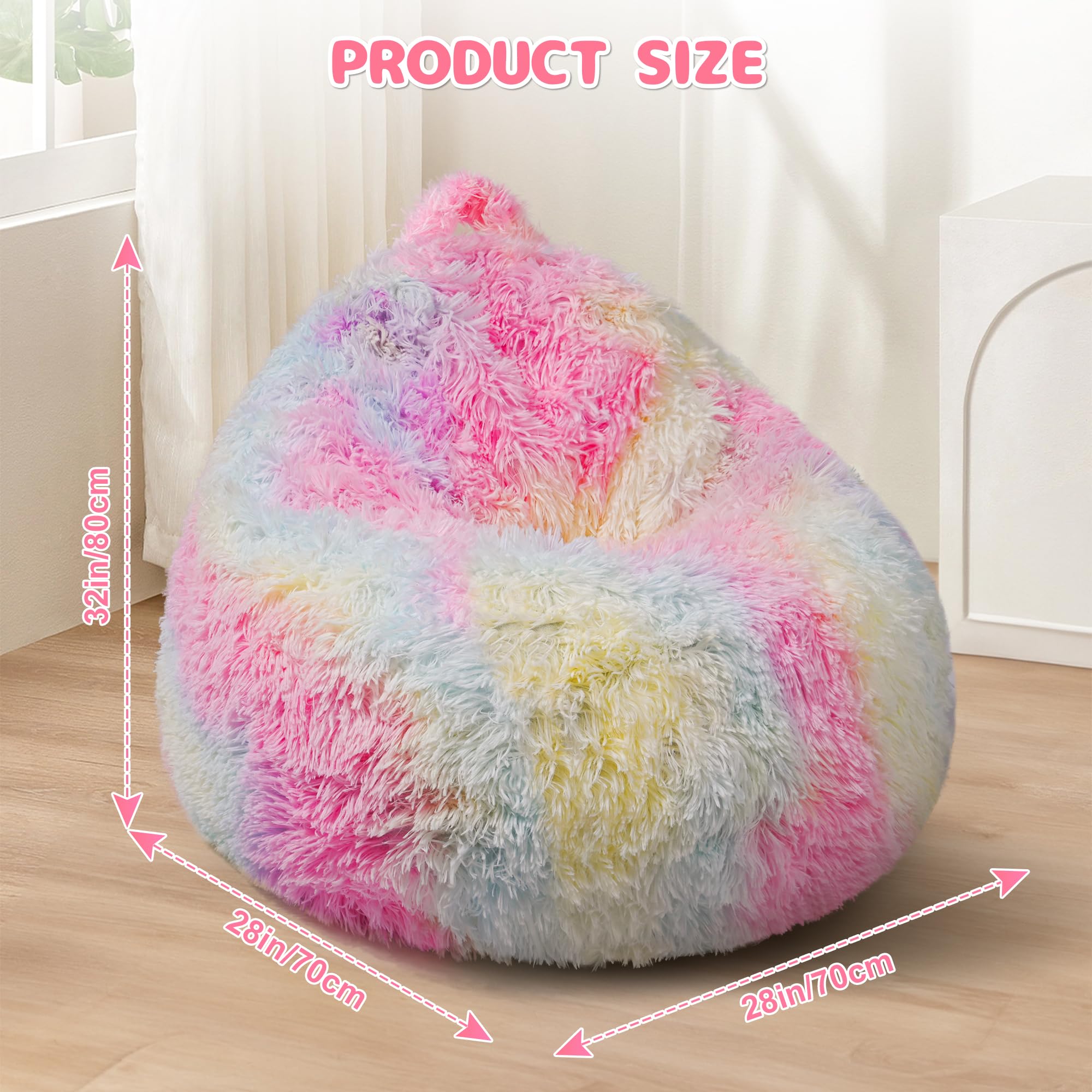Funda para puf de piel sintética esponjosa para niños y adultos (sin relleno) - Almacenamiento antideslizante para animales de peluche para salón y dormitorio (arco iris)