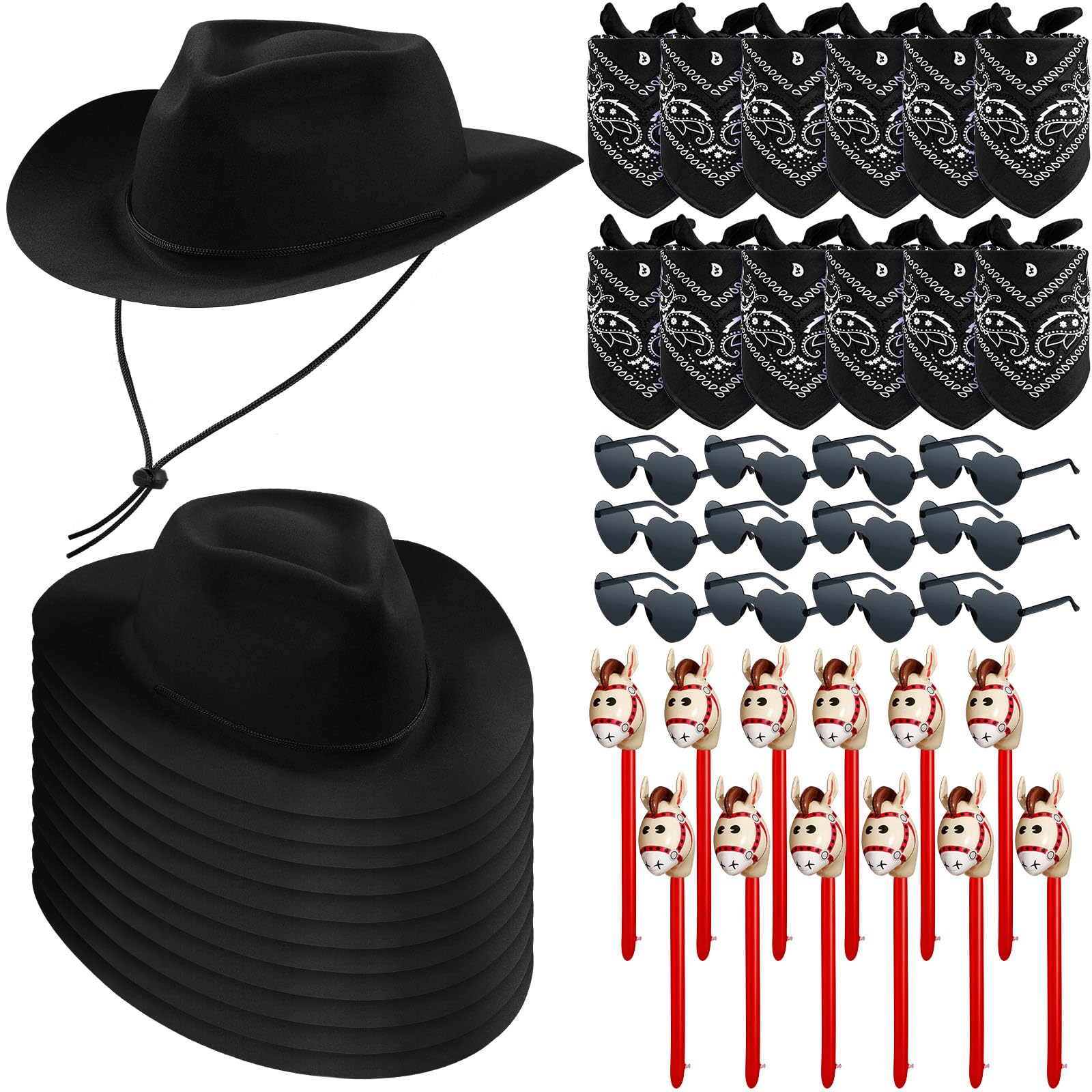 Xtinmee 48 Pcs Kids Cowboy Party Favor with Cowboy Hats Inflatable Stick Horses Bandanas Heart Glasses for Kid Costume(Black)