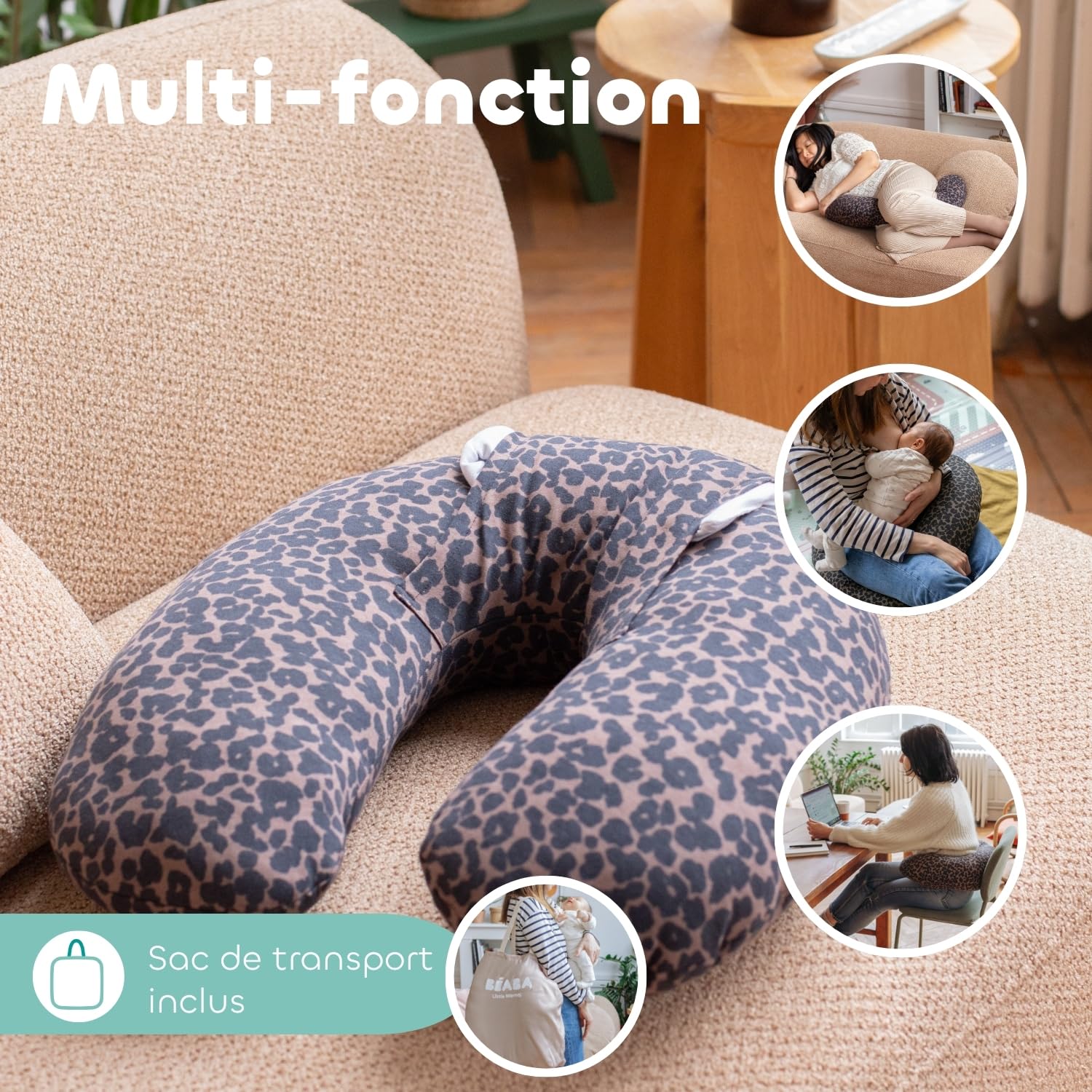 BÉABA Little Warmy, Coussin Chauffant & Refroidissant Nomade, Bouillote Graines de Lin, Douleurs de Règles, Grossesse, Lombaires, Abdomen, Cou & Post-Partum, 100% Coton Oeko Tex, Jersey Leopard