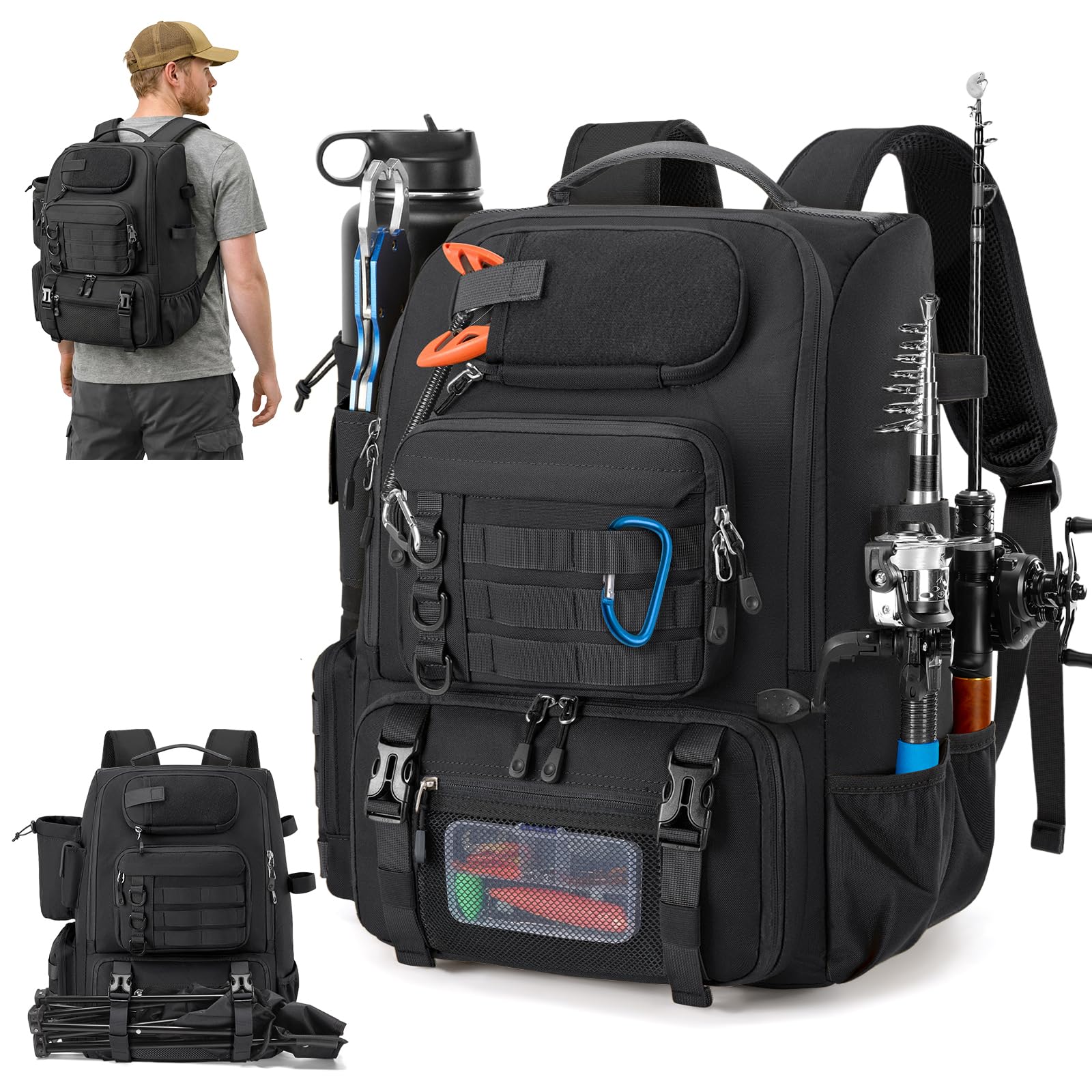 RAINSMORE Fishing Backpack with Rod Holders & Cooler 40L Water Resistant Tackle Backpack with Rain Cover Store Fishing Gear