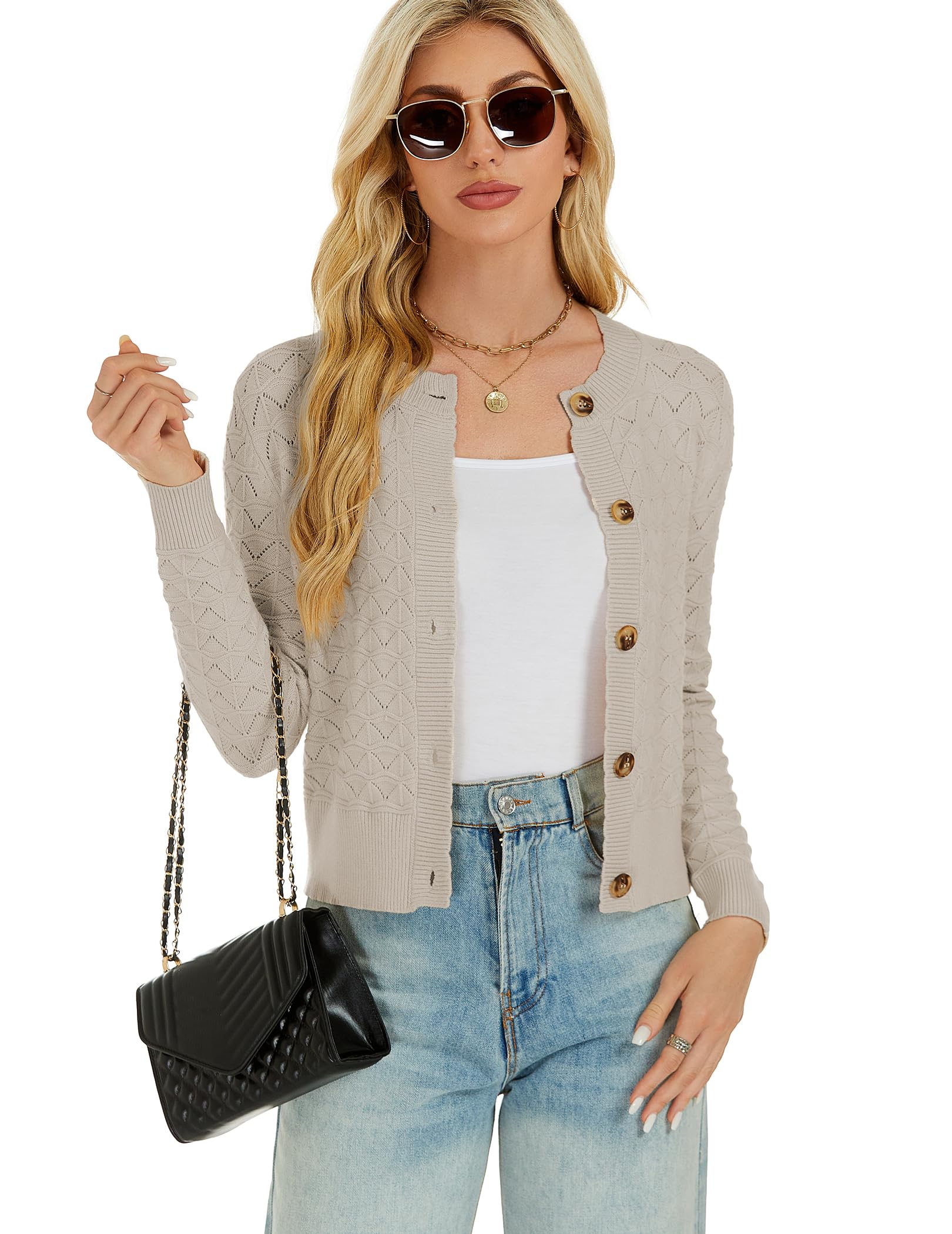 Damen Strickjacke Elegant Langarm Rundhals Cardigan Leicht Bolero Jäckchen mit Knöpfe Weiche Jacke über Top Kleid