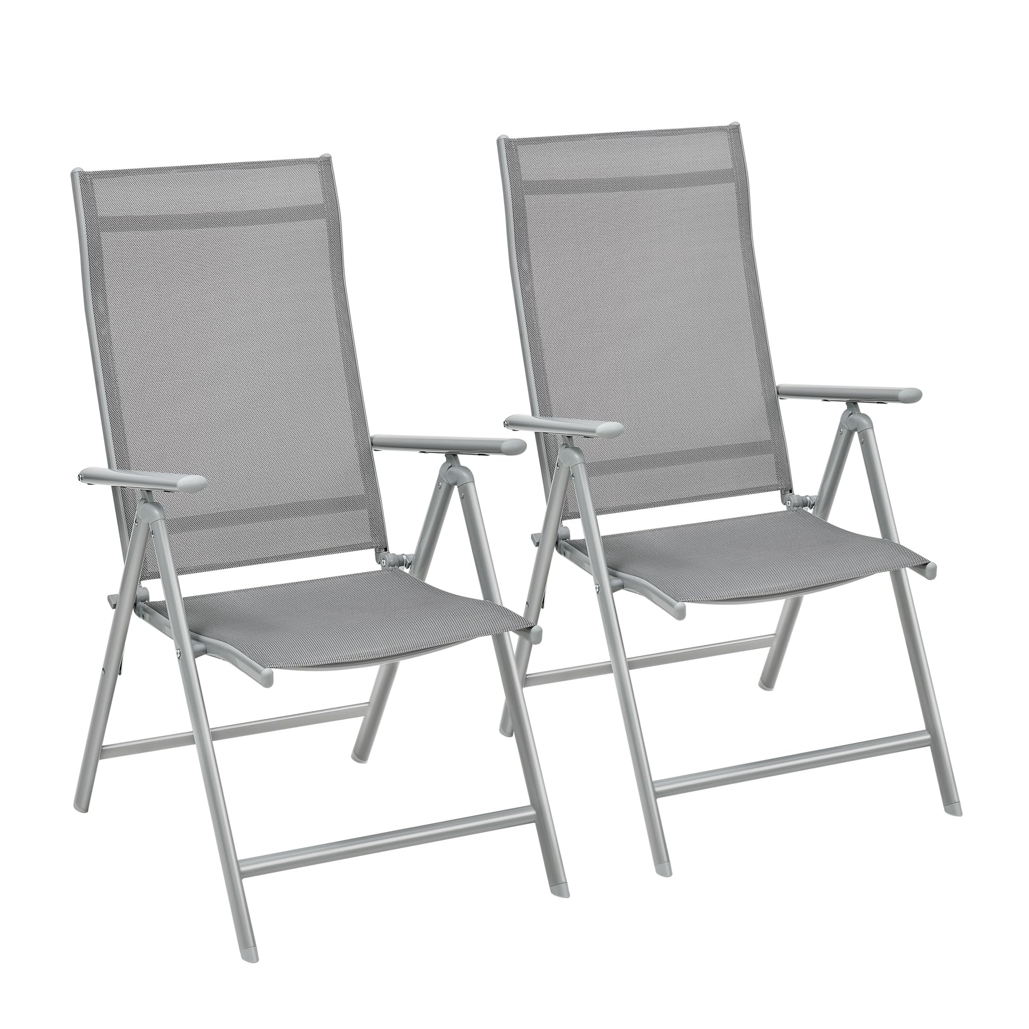SONGMICS Folding Garden Chairs, Set of 2, Outdoor Chair with Metal Frame, Backrest Reclining in 8 Angles, Load 150 kg, Grey GCB29GY