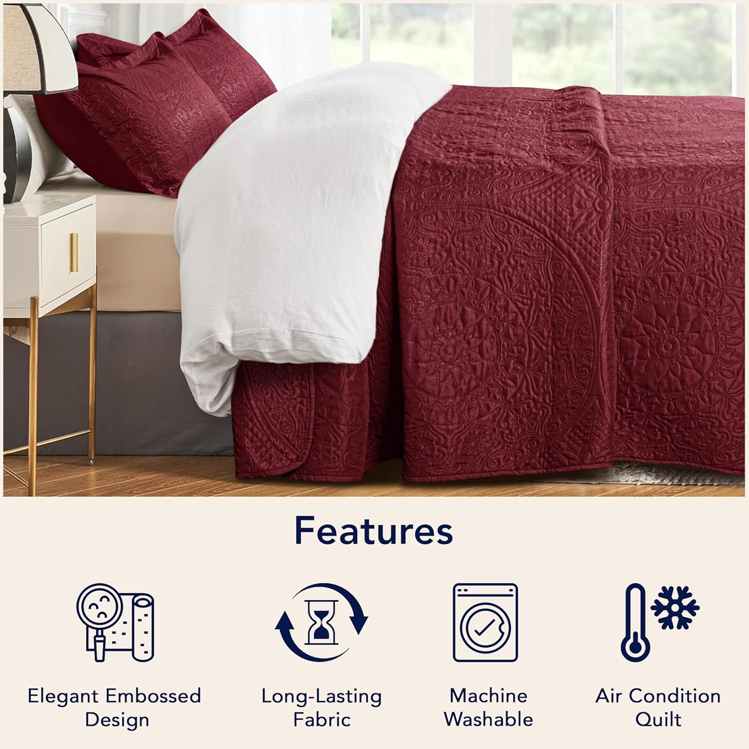 King Quilt Bedding Set with Pillow Shams – Lightweight Quilted Bedspread King Size, All-Season Summer Quilt | Machine Washable | 3-Piece King Coverlet Set (Burgundy Floral)