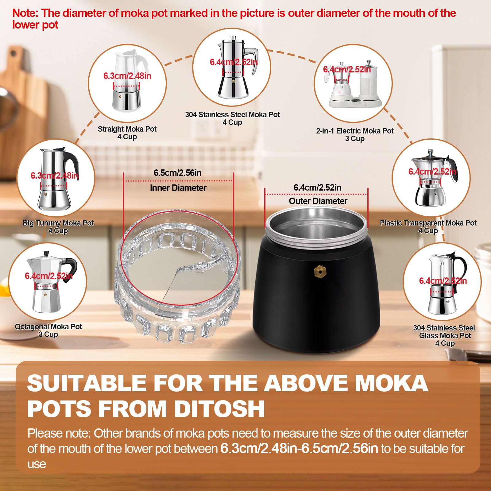 Embudo dosificador de moca transparente, control de volumen preciso y relación de extracción perfecta para 3 tazas de aluminio espresso estufa, M65 mm