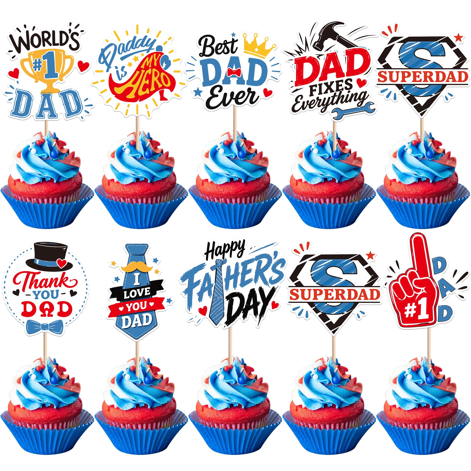 SYKYCTCY 36 Pack Happy Father's Day Cupcake Toppers Love Super Dad Cupcake Picks Daddy is My Hero Thank You Best Dad Cake Decorations for Happy Father's Day Birthday Party Decorations Supplies
