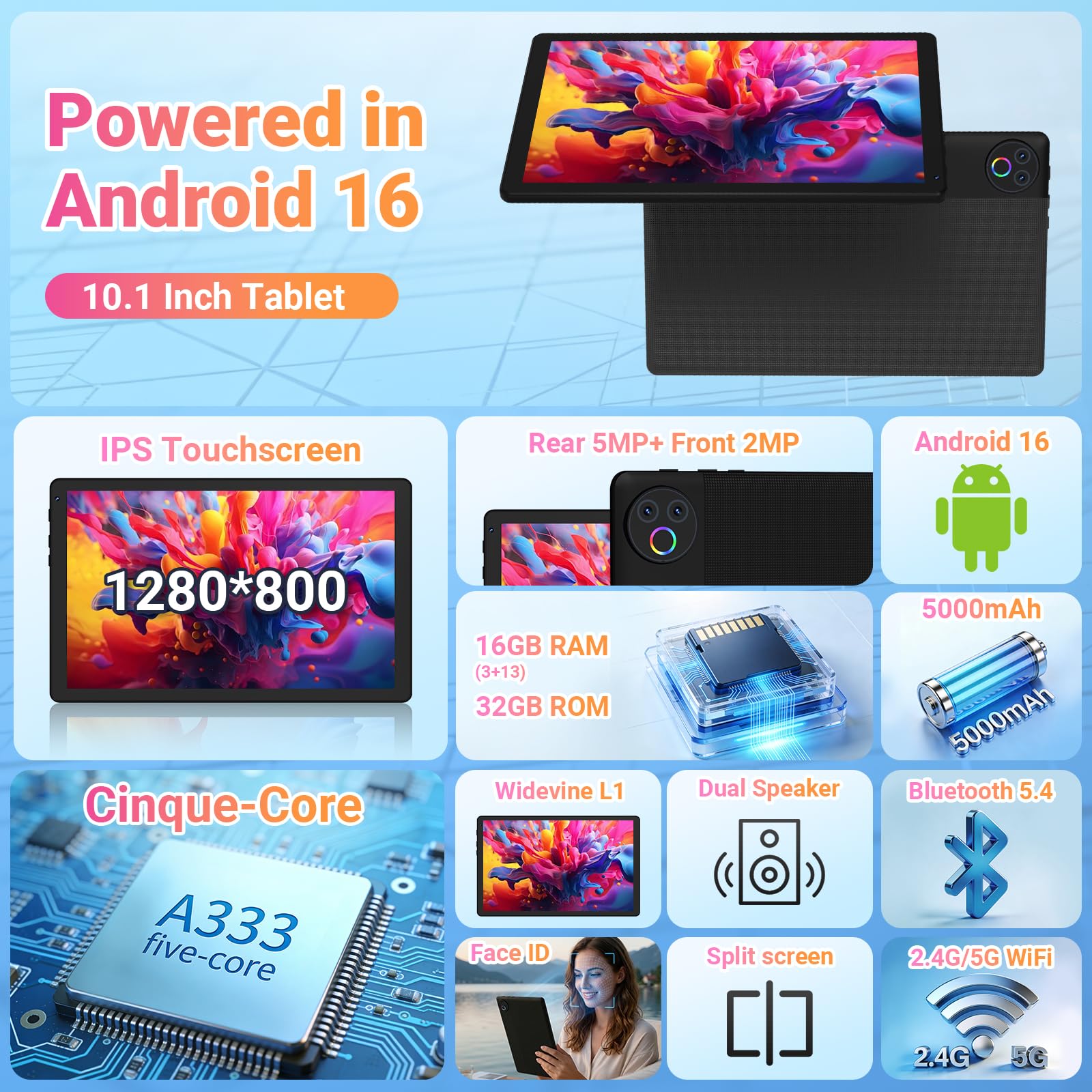 Gleeso Tablet｜Android 16 Tablet 10 Inch｜16GB RAM 1TB TF Android Tablets with Face Unlock｜Widevine L1｜BT 5.4/5G WiFi｜5MP Dual Camera, OTG Tablet PC - Black — view 3