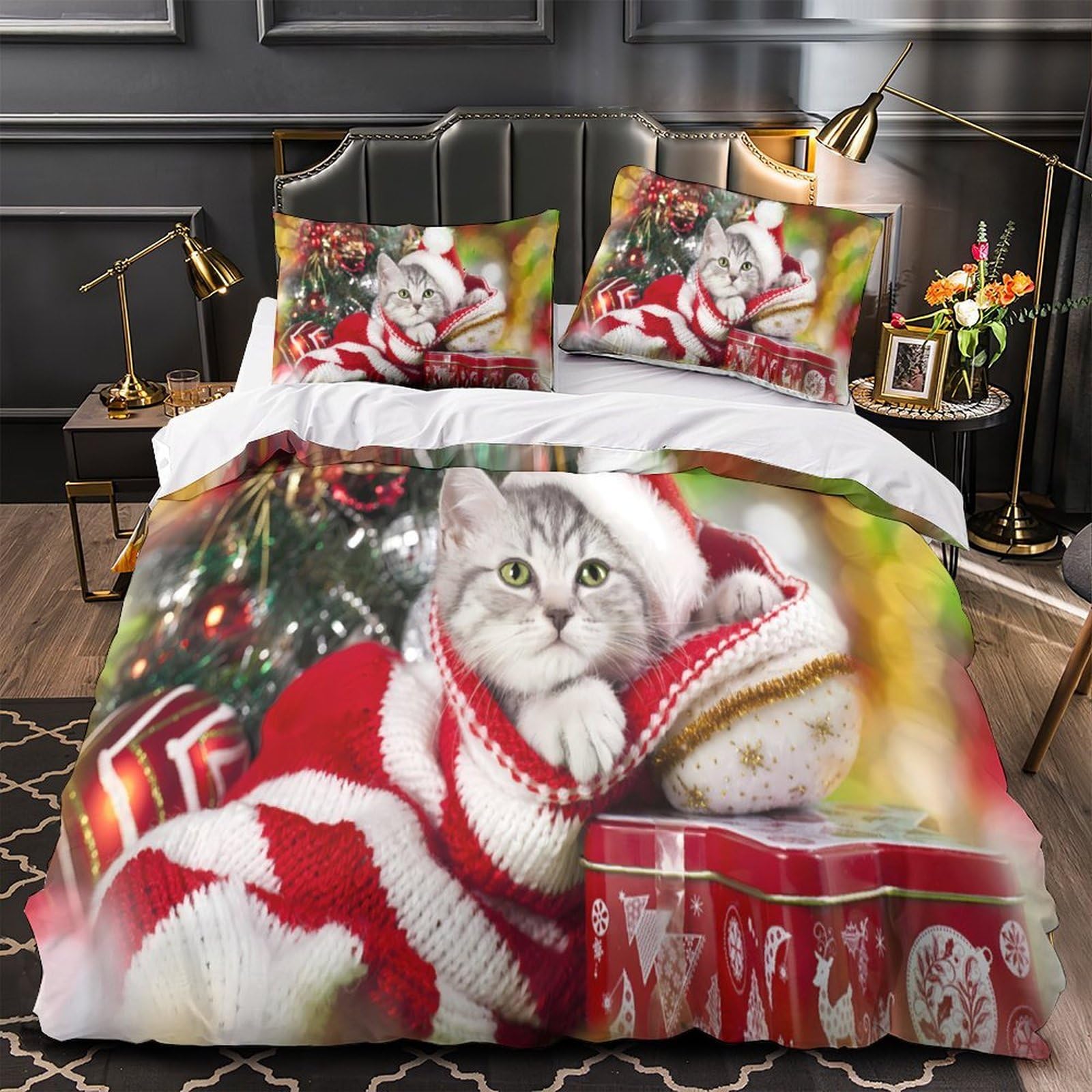 MMDASBVPE ChristmasCatWear Duvet Cover 3D Design Printed Durable 3 Pieces Bed Set Zipper Comforter Cover Hotel Quality Breathable for Kids Adults Women Teens Youth Boys Super king（260x220cm）
