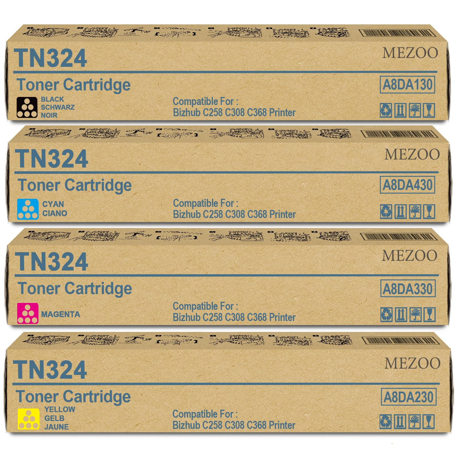 MEZOO TN324 TN-324 Toner Cartridge High Yield TN324K TN324C TN324M TN324Y