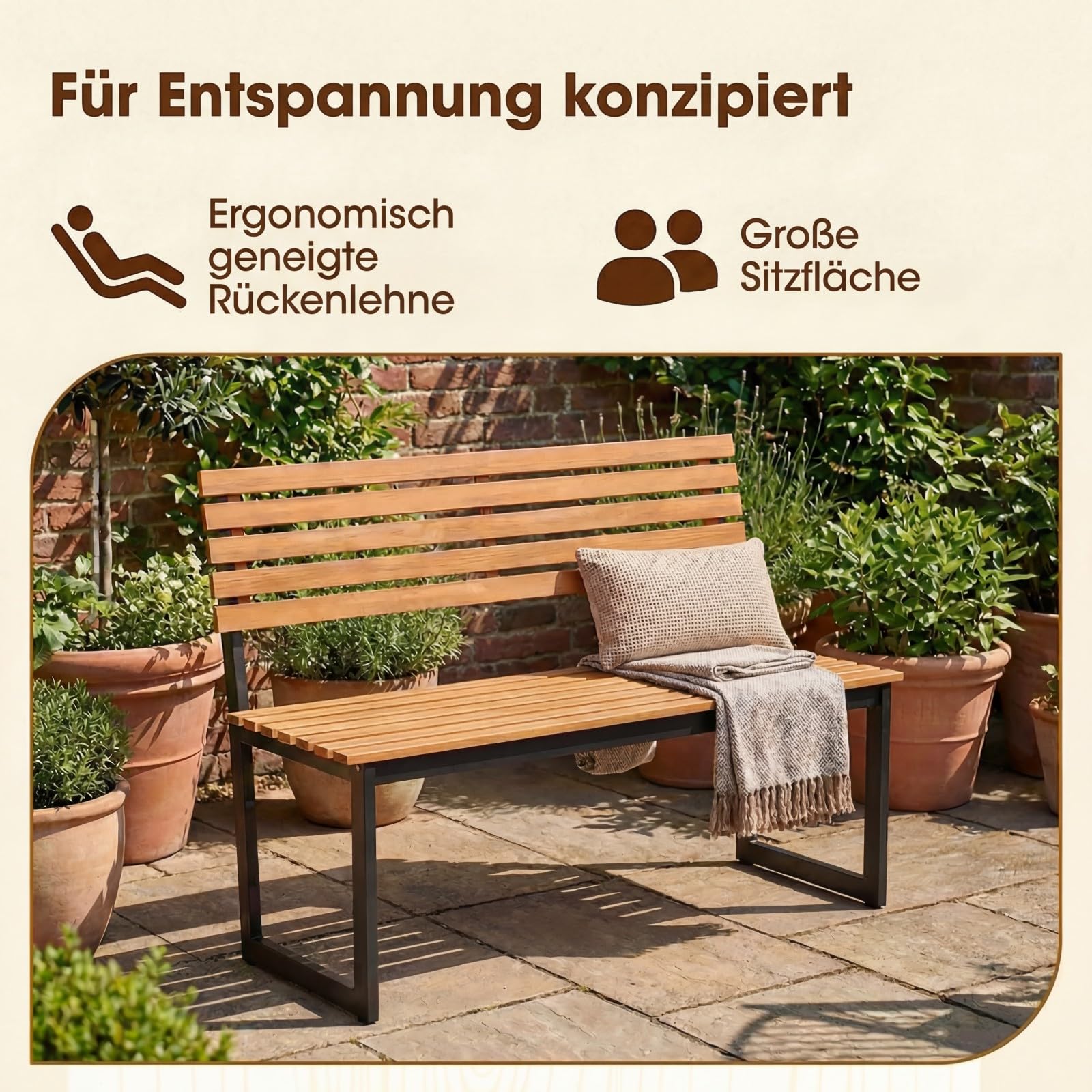 DREAMADE Gartenbank Holz, 2-Sitzer Holzbank wetterfest, Sitzbank Outdoor aus Akazienholz mit Metallrahmen, Balkonbank bis 360 kg belastbar, Parkbank für Garten, Balkon, Terrasse (Ohne Lehne)