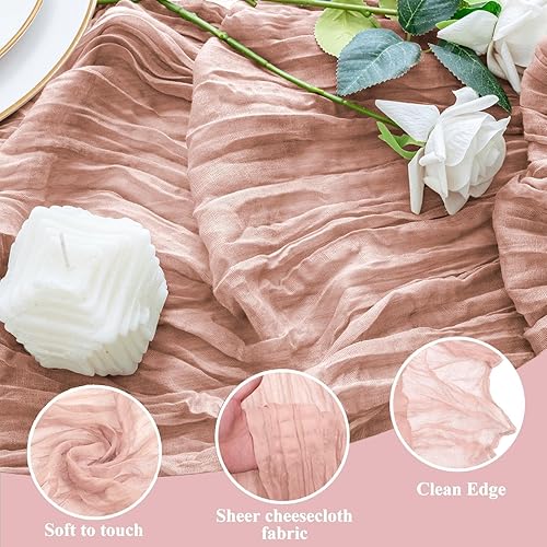 Miniatura 2 de 2 piezas de camino de mesa de estopilla rosa polvoriento, 120 pulgadas de largo, tela de queso rústico de gasa bohemia para decoración de boda, baby