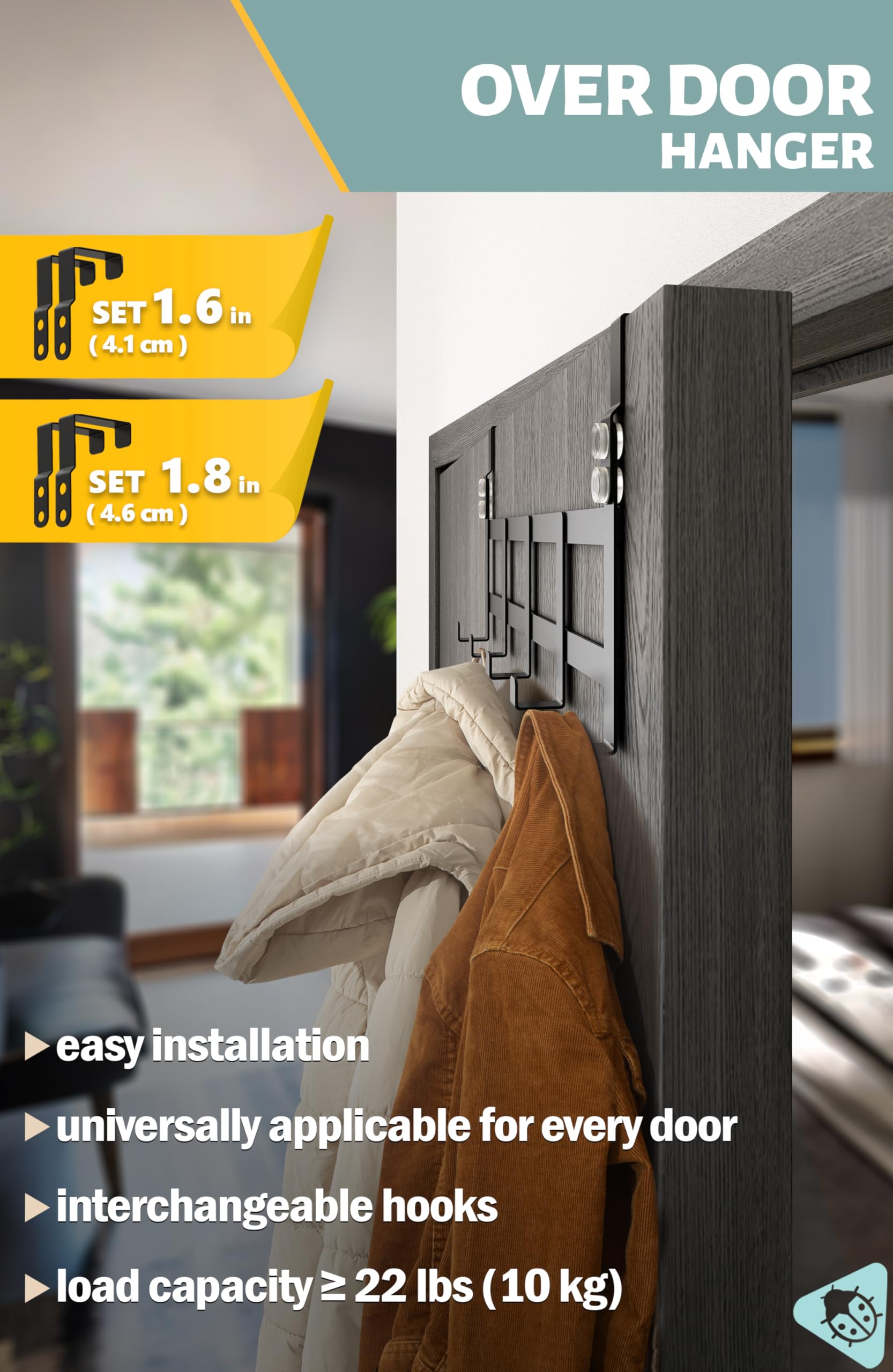 Menz Over Door Hanger, Black Coat Hanger for Door Depth 4.1 cm (1.6") & 4.6 cm (1.8"), Coat Hanger - Image 2