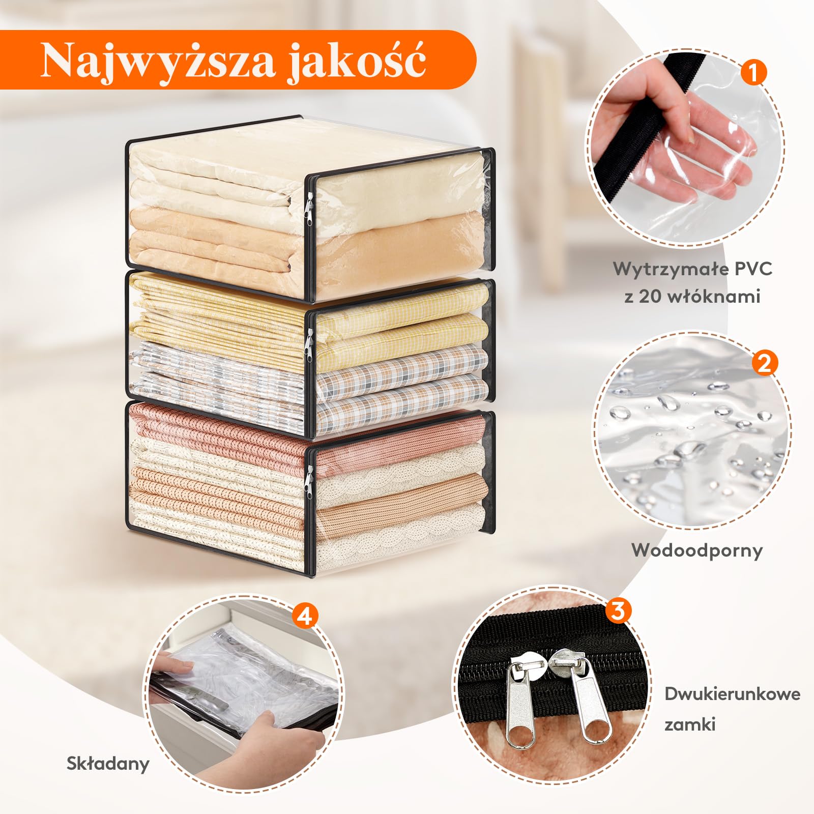 Lifewit 3 przezroczyste worek do przechowywania ubrań, plastikowe worki z zamkiem, 36 l
