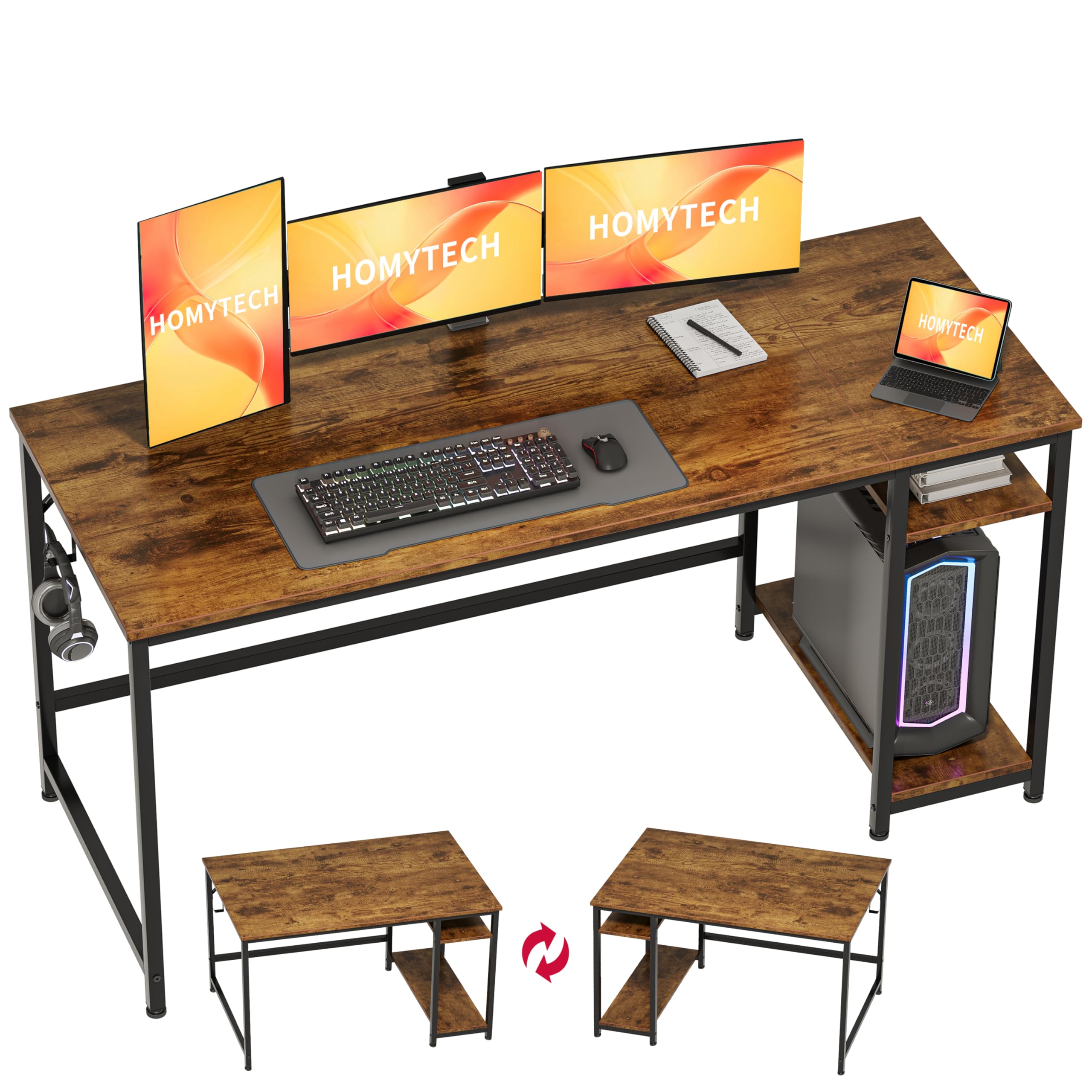 HOMYTECH Escritorio Madera con Doble Estante Lateral Reversible y Gancho para Auriculares, Escritorio Ordenador para Oficina en Casa, Estudio de Empresa, 152x60 cm, Acabado Roble Vintage