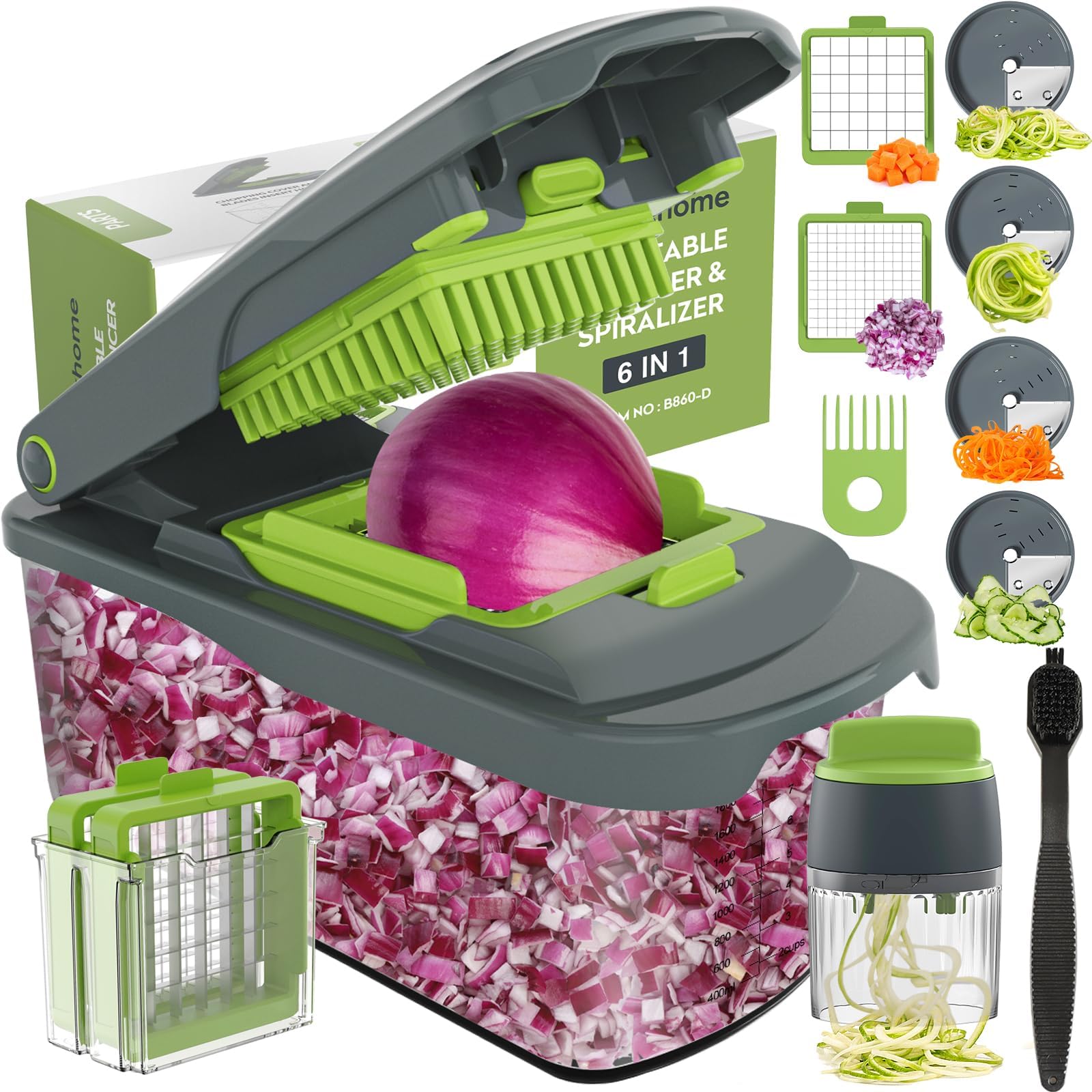 Ourokhome Onion Chopper Dicer with Container, Manual Food Cutter with Handheld Veggie Spiral, Hand Vegetable Mandolin slicer for Potato, Tomato, Carrot, Essential Kitchen Gadget (6 in 1, Gray)