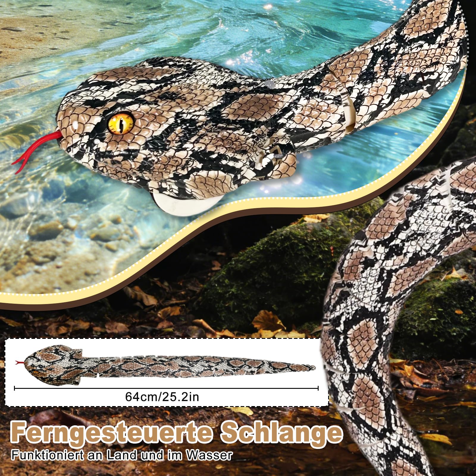 HILKKET Serpiente Teledirigida, Serpiente pitón Teledirigida de 64 cm, Juguete eléctrico de Serpiente para Tierra y Agua a 5 km/h, Juguete Impermeable para Piscina, Juguete Acuático para Niños