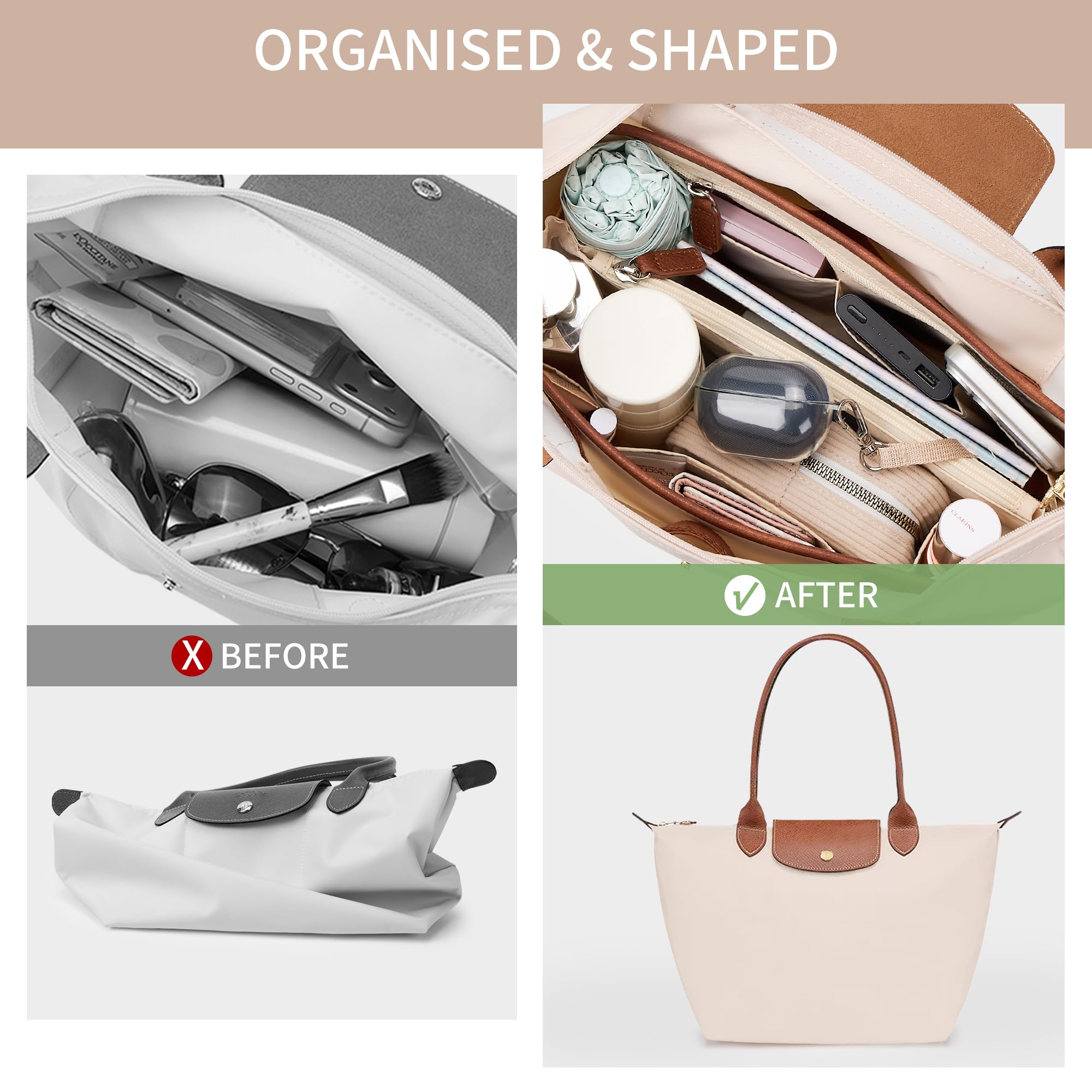 KALIDI Organizer per borse Longchamp Le Pliage, in feltro, impermeabile, con tasche multifunzionali, grande