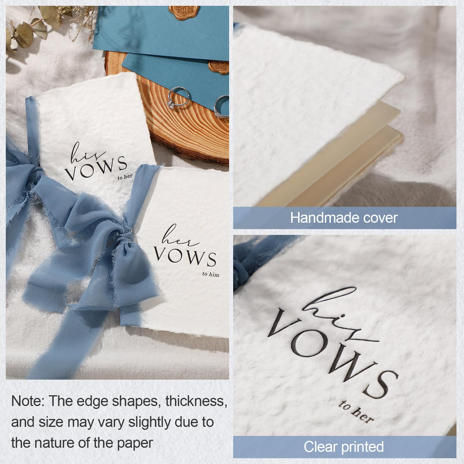Engrowtic Set di 2 libri per promessa di matrimonio per lui e per lei, con nastri, 14 x 10,2 cm, con bordo strappato a mano, con busta e sigillo di cera, regalo per sposi e coppie di fidanzati (blu)