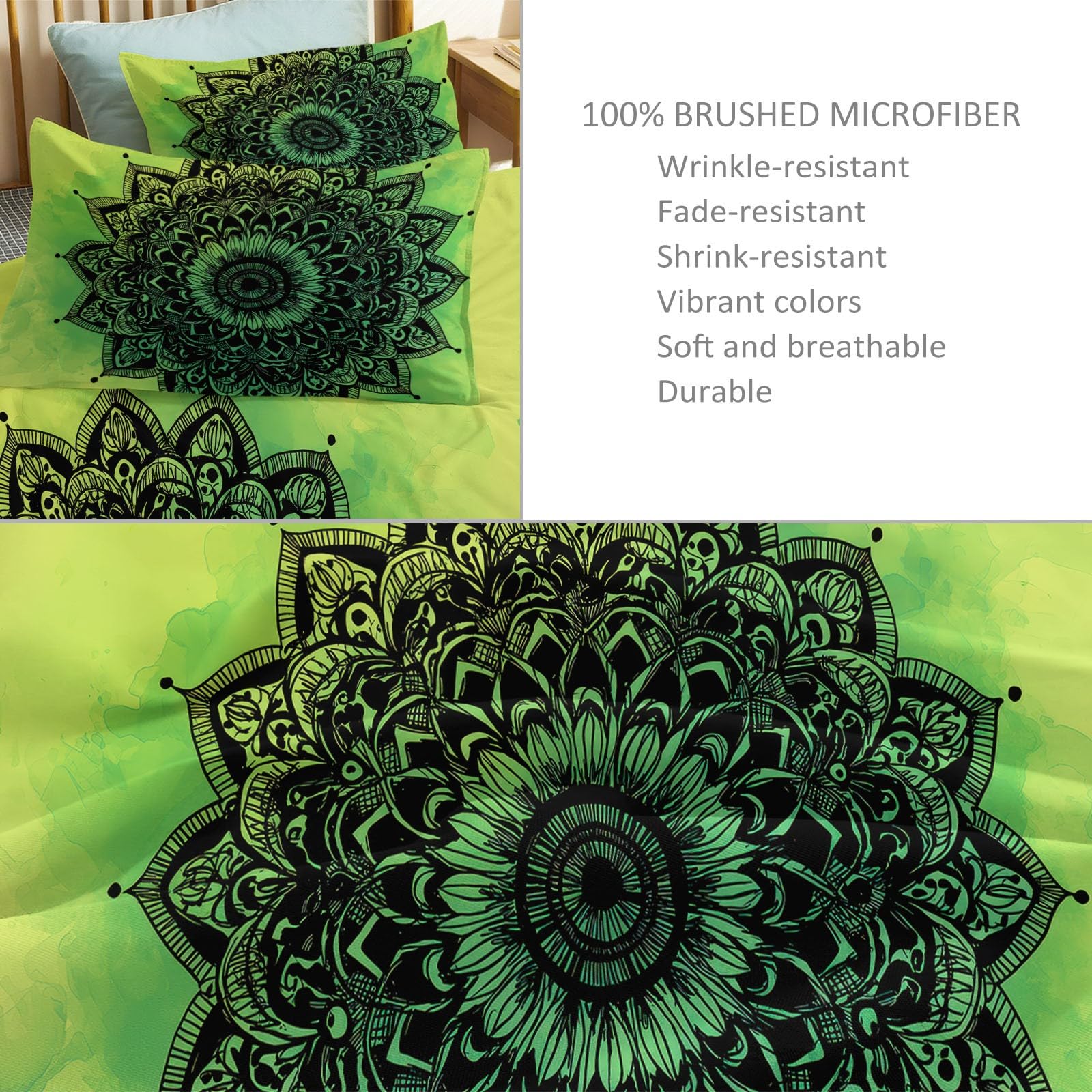 Zestaw pościeli dla dorosłych 200 x 200 cm poszewka na kołdrę z nadrukiem nowoczesna mandala kwiat, zielona oddychająca poszwa na kołdrę - lekka i cienka poszewka na kołdrę z nadrukiem zestaw pościeli