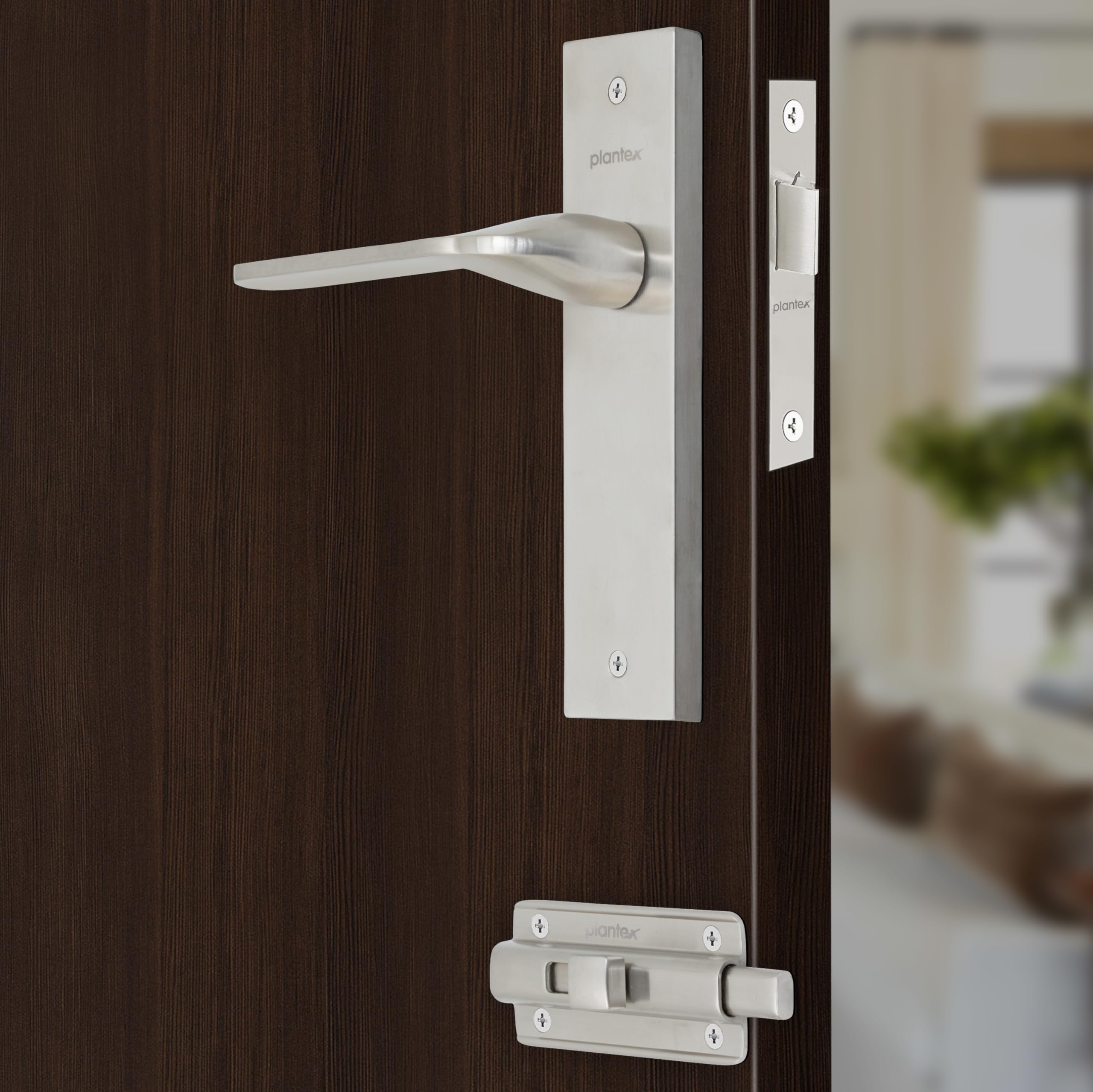 Plantex Brass Heavy Duty Door Lock Bathroom Door Lock/Mortise 8Inch Keyless Plate Handle Set For Home/Bathroom/Store Room/Balcony/Office With Baby Latch (8060, Matt), Silver-picture-10