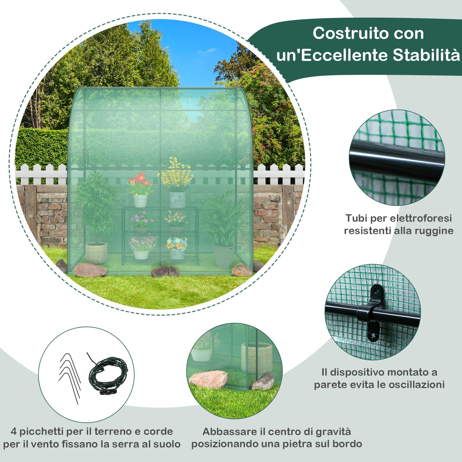 GYMAX Serra da Giardino da Parete, Mini Serra a Muro per Esterni con Ripiano a 3 Livelli, 2 Porte d’Ingresso con Cerniera, per Giardino, Cortile, 198,5 x 98 x 215 cm, Verde