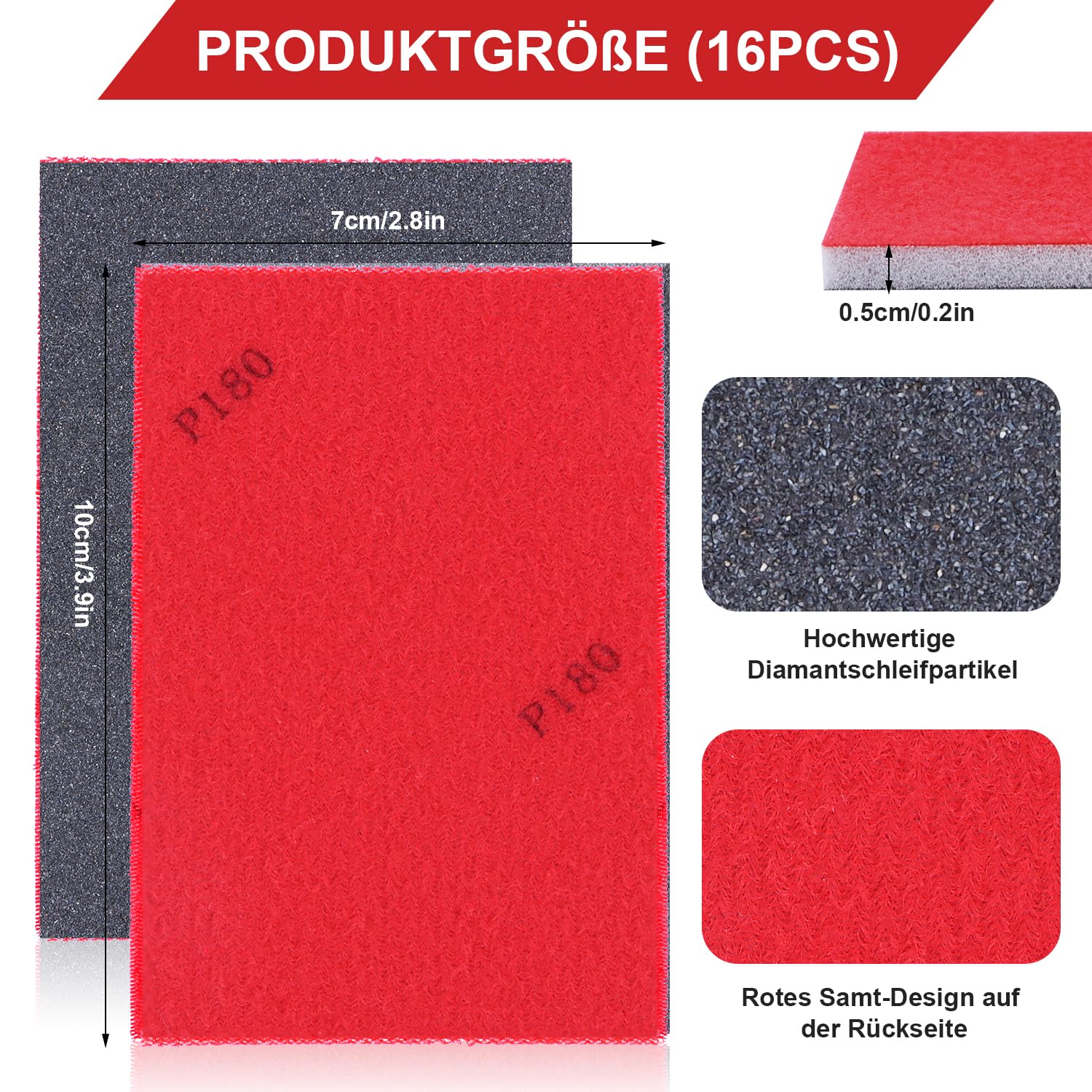 Set di 16 spugne abrasive per legno, cartongesso, 180 pezzi, grana 180, blocchi abrasivi per legno, cartongesso, metallo, riparazione carrozzeria auto