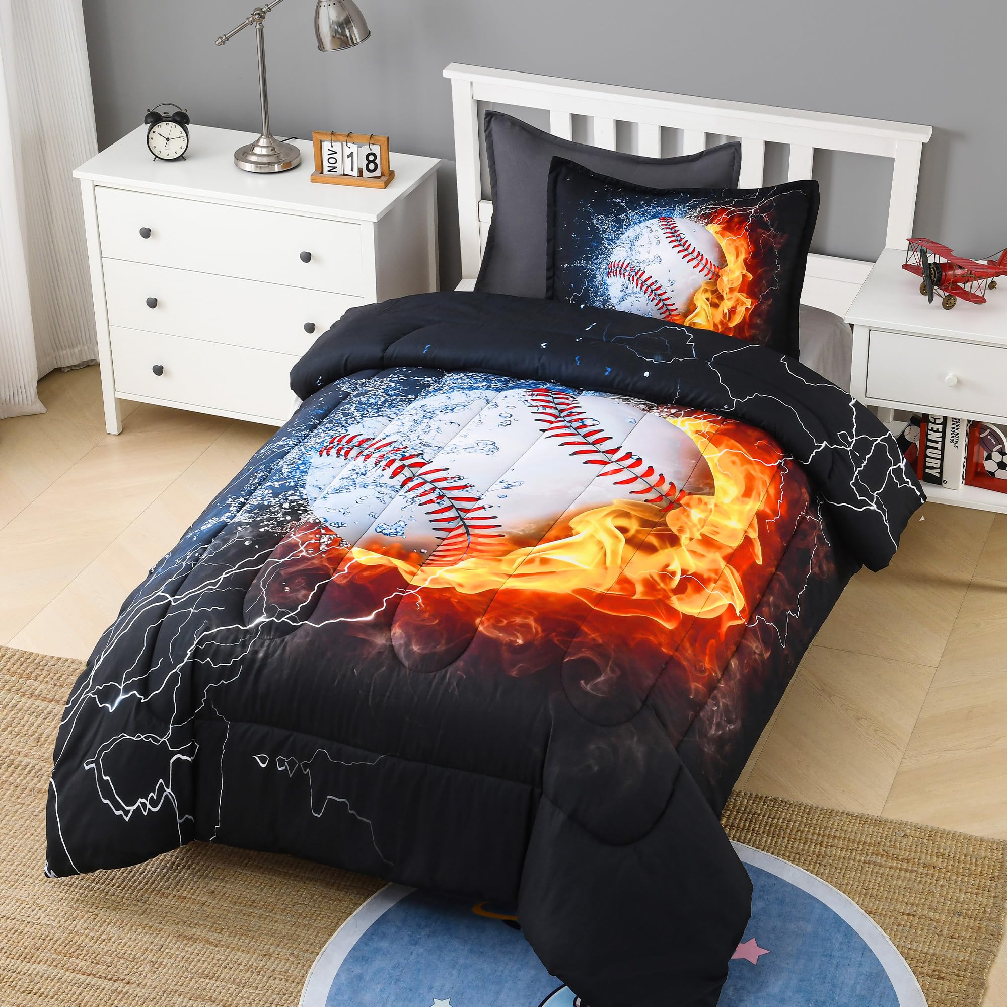 QOOMO 3D Baseball Comforter Set: Full Size Bedding With 2 Pillowcases, Soft Down Alternative, Lightweight