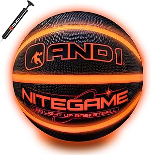 AND1 Nitegame LED Light Up Basketball - Impact Activated Glow in The Dark - Regulation Size 7 (29.5 inches), for Outdoor or Indoor, Sold Deflated, Comes in Black or Orange