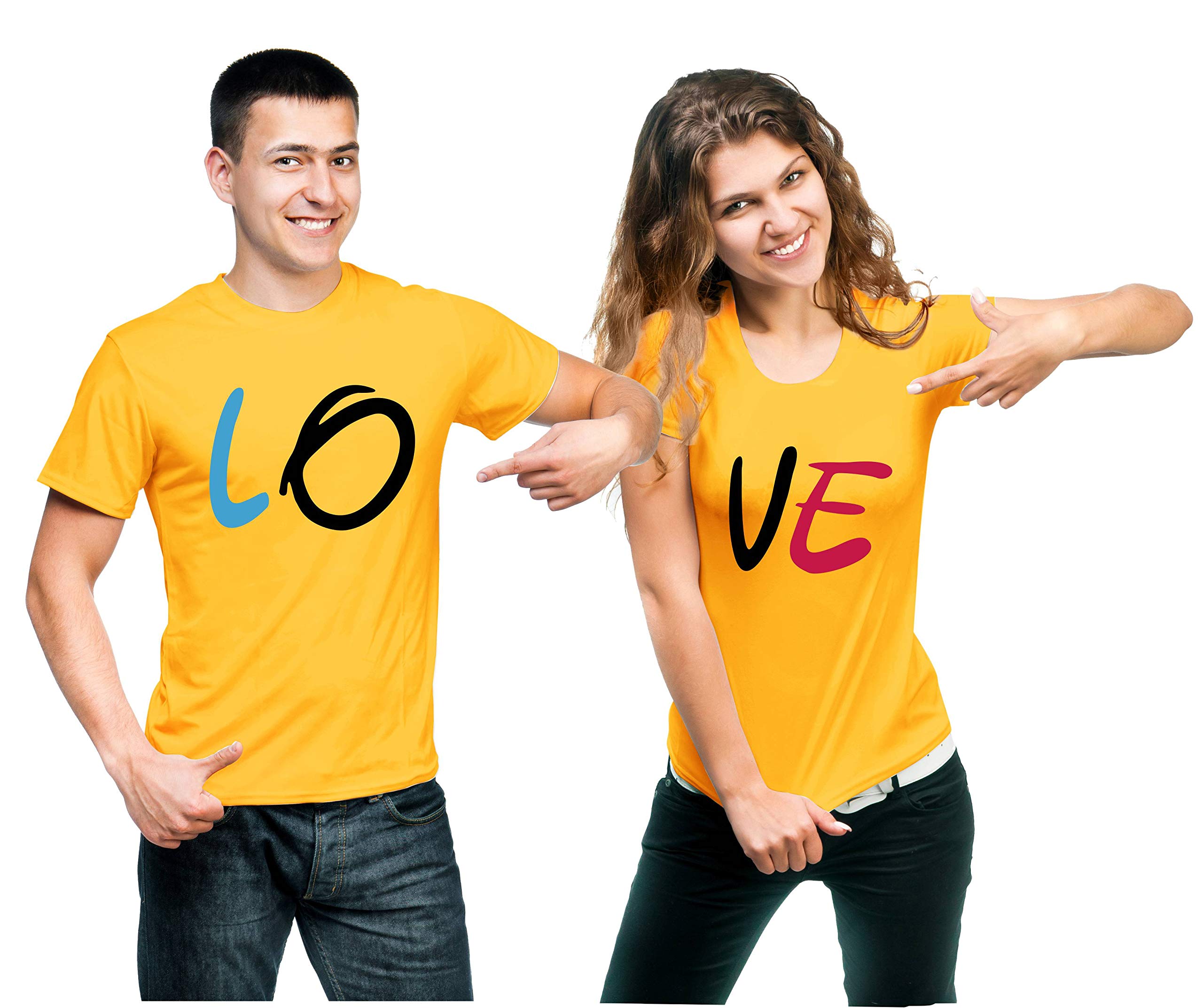 Hangout Hub HH114 Love Printed Couples Tshirt for Couple | Round Tees for Boyfriend Girlfriend and Husband Wife | Regular Fit (Set of 2, Cotton)