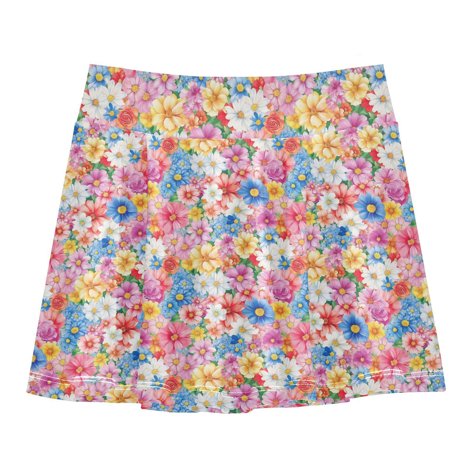 JUNZAN Colored Flowers Little Girls Tennis Skirt with Shorts Flowy Skort for Little Girl Kids Pleated Skort with Pockets 4-12Y