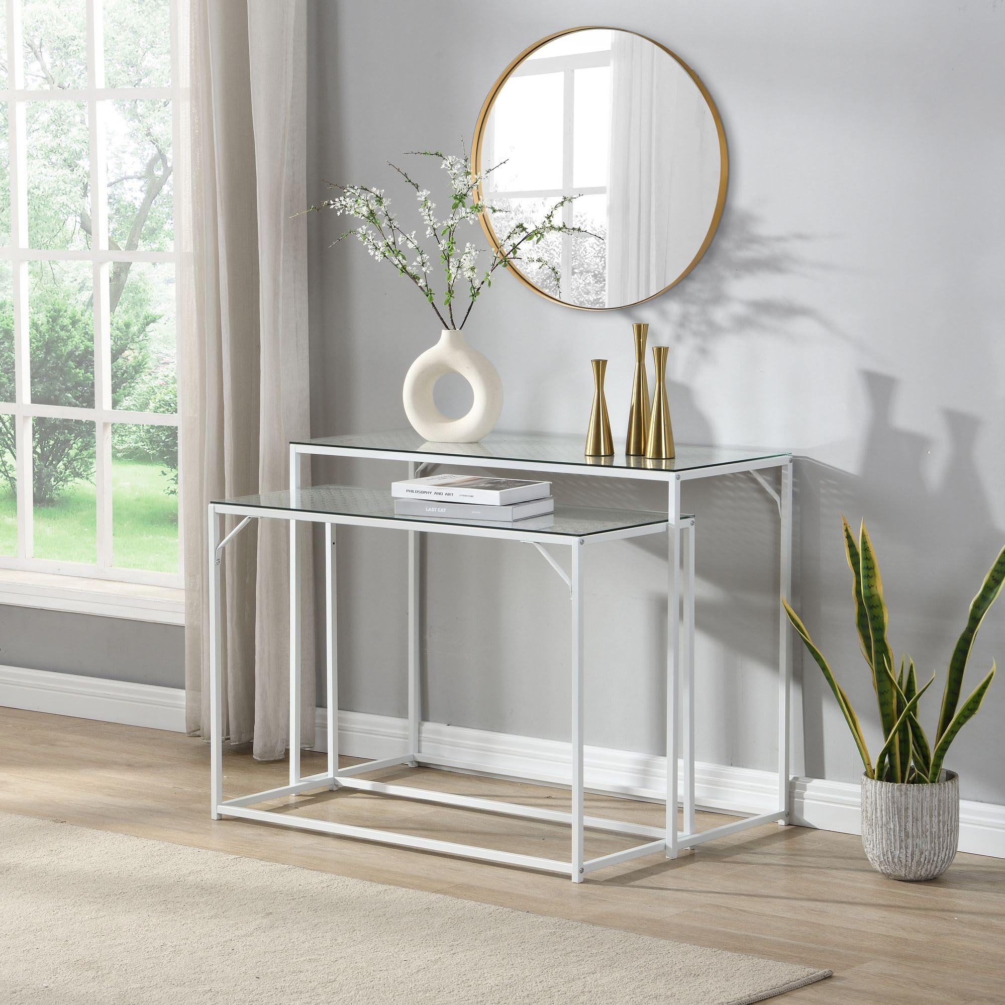 FineBuy Zestaw 2 stolików konsolowych metalowych ze szklanym blatem, nowoczesne stoliki dekoracyjne do przedpokoju salonu, wąskie stoliki pomocnicze w stylu industrialnym, oszczędzające miejsce i wsuw