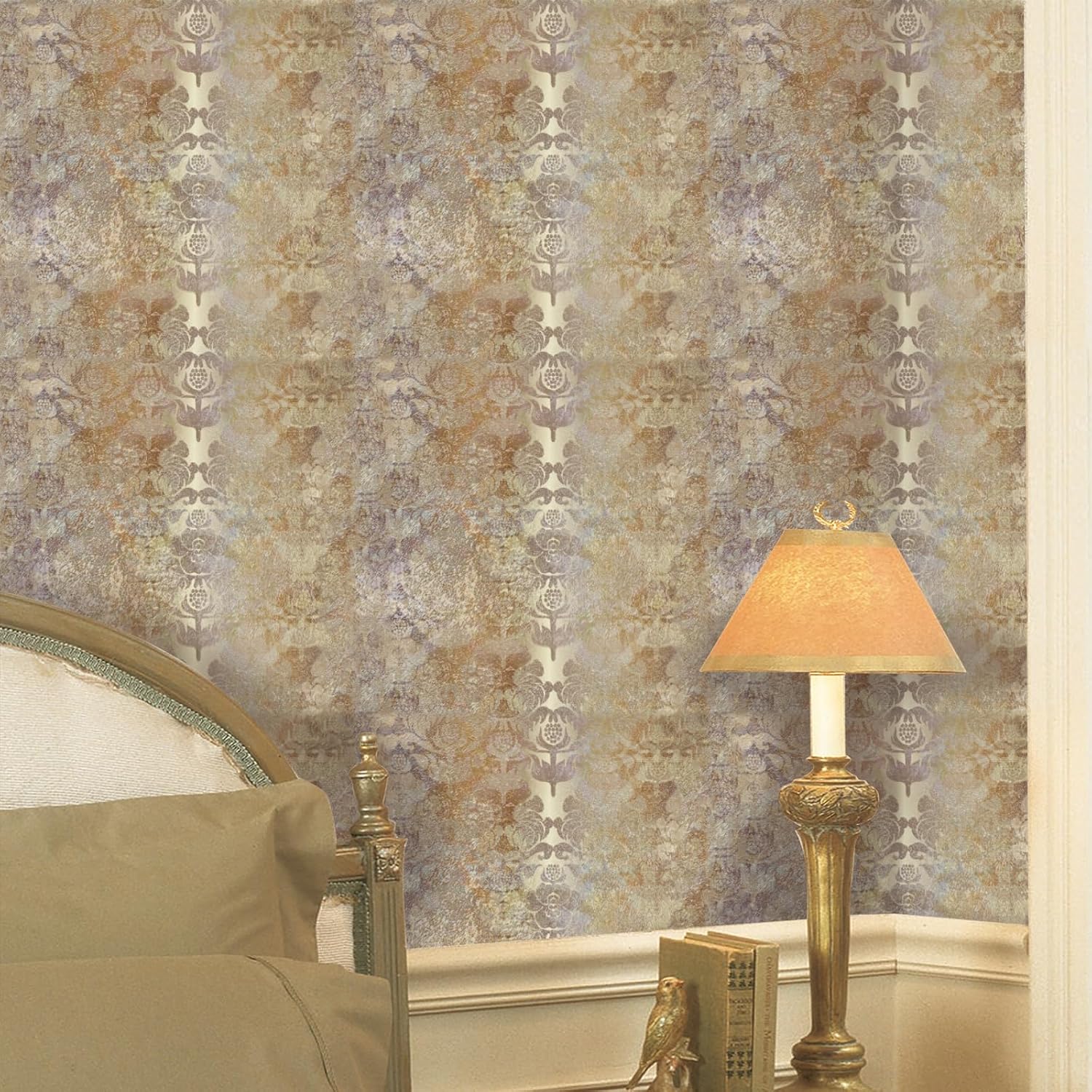 Vintage Damask Peel and Stick Wallpaper, Gold Floral, Self-Adhesive Removable, Waterproof Decorative Wall Covering for Bedroom Bathroom, 17.3 x 118 Inches