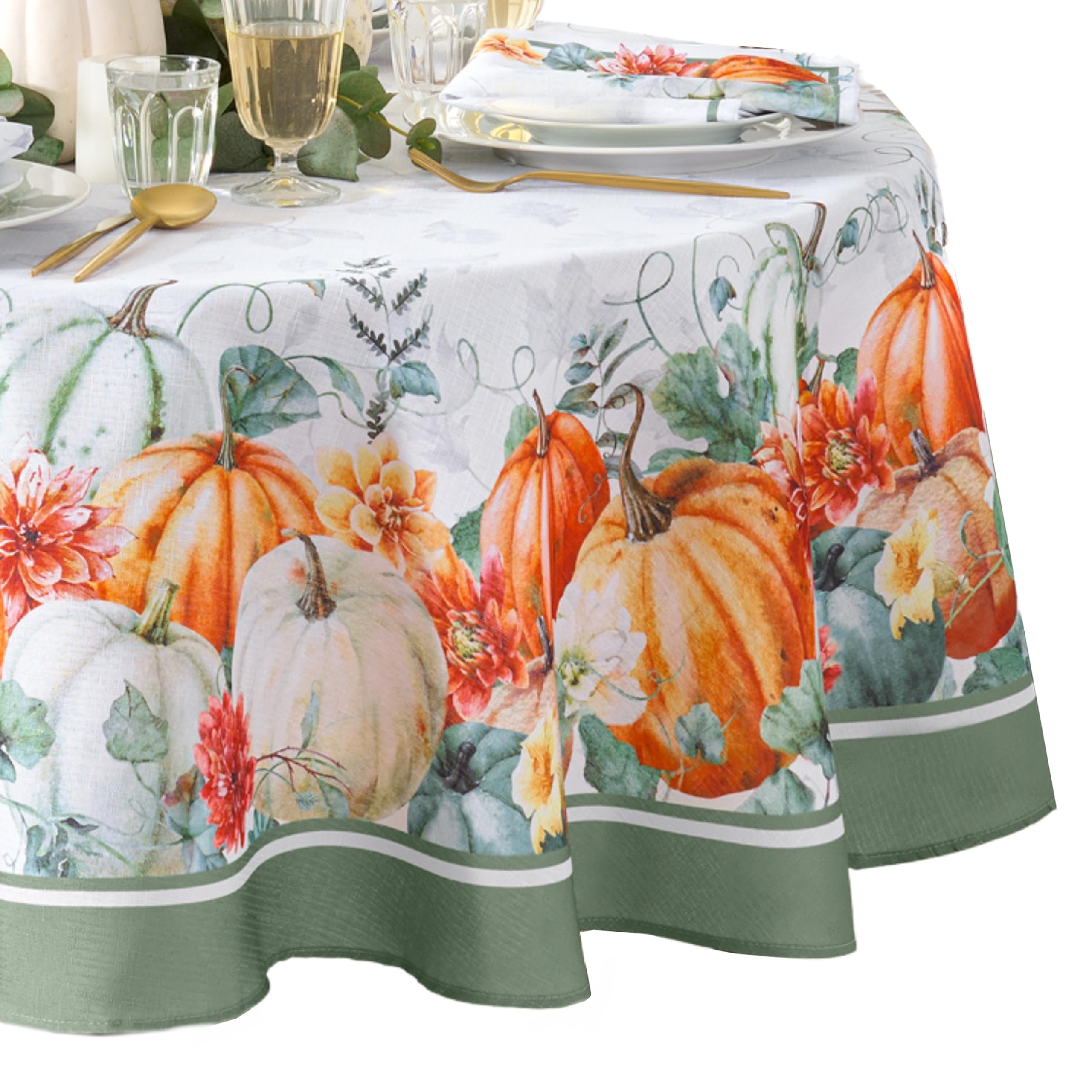 Elrene Home Fashions Pumpkin Harvest Vine Double Border Tablecloth, 60"x84" Oval
