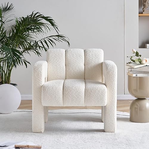 Miniatura 3 de Silla decorativa moderna para sala de estar, silla lateral tapizada de tela de boucle, cómoda y ancha para dormitorio, oficina (beige)