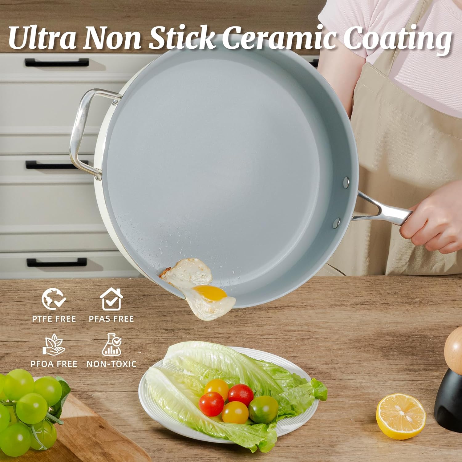 Nonstick Sauté Pan with Lid 5 QT Deep Frying Pan with Stainless Steel Helper Handle 12 inch Large Skillet Ceramic Jumbo Cooker for Healthy Cooking, Induction Compatible Cookware, PFOA Free - Image 2