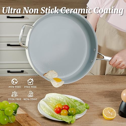 Miniatura 2 de Sartén antiadherente con tapa, sartén profunda de 5 cuartos de galón con mango auxiliar de acero inoxidable de 12 pulgadas, sartén grande de