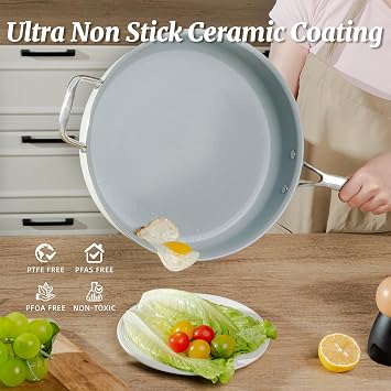 Nonstick Saute Pan with Lid 5 QT Deep Frying Pan with Stainless Steel Helper Handle 12 inch Large Skillet Ceramic Jumbo Cooker for Healthy Cooking, Induction Compatible Cookware, PFOA Free