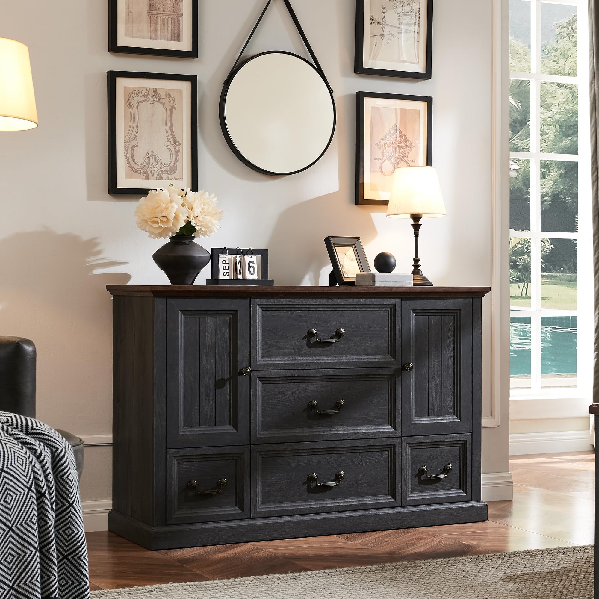 Farmhouse 5 Drawers Dresser for Bedroom, Wood Rustic Storage Organizer Closet Chest, Chest of Drawers w/Groove Barn Door&Shelf for Closet, Living Room, Dining Room, Hallway, Dark Grey
